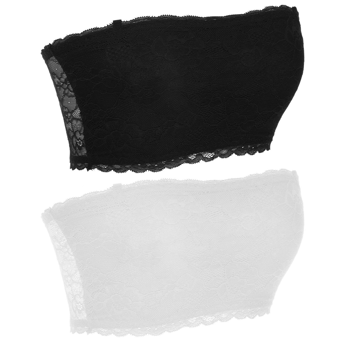 Ouligay 2 Pieces Strapless Lace Bralette Women's Floral Lace Bandeau Bra for Low Cut Dress, Seamless Strapless Stretchy Tube Top Bra for Low Neckline Cleavage Cover (White, Black)