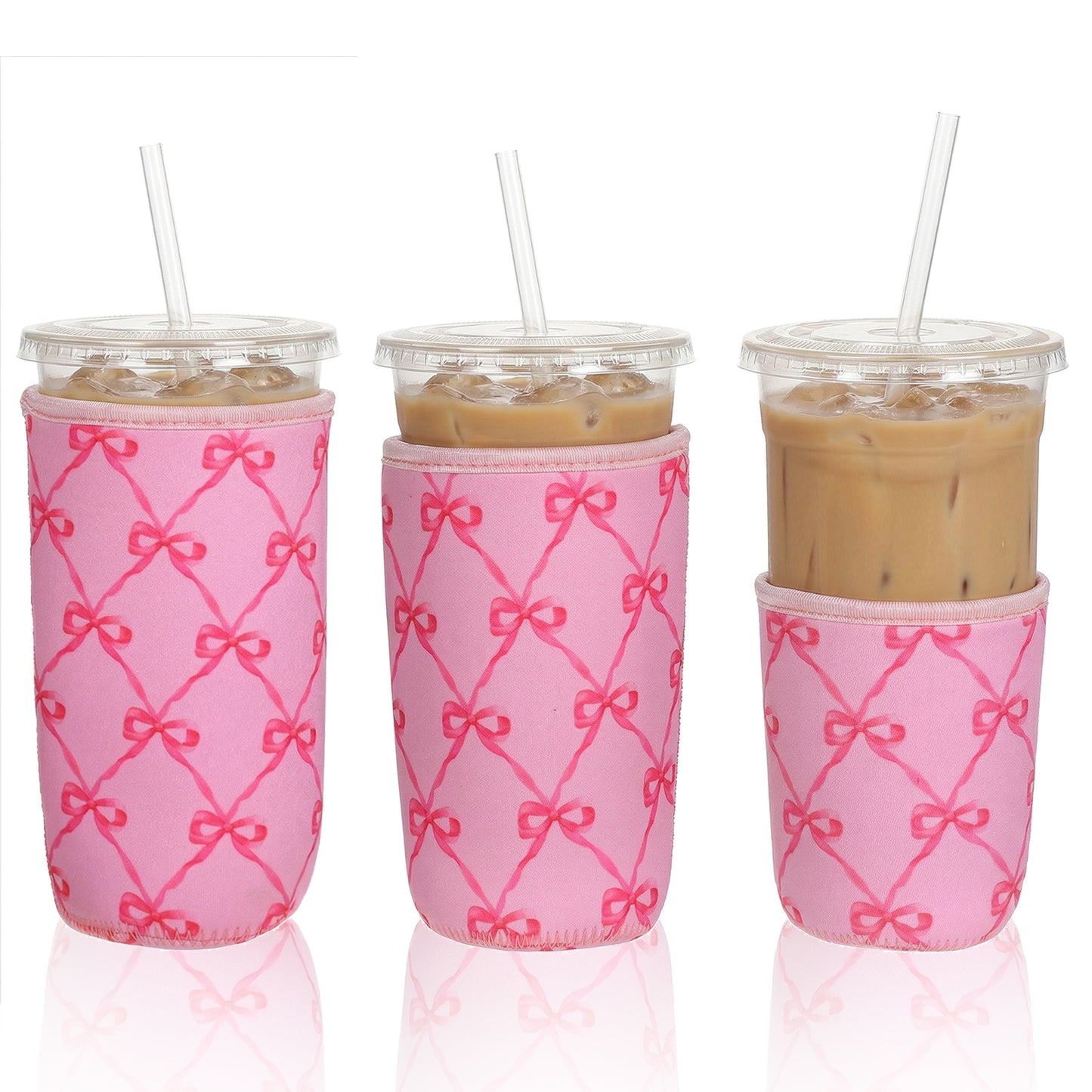 Shimmeroo 3Pcs Reusable Iced Coffee Cup Sleeve, Insulated Cup Sleeves for Cold Drinks, Beverage Holder for Iced Coffee, Drink Sleeve for Cold Beverages, Pink Bows, S-L