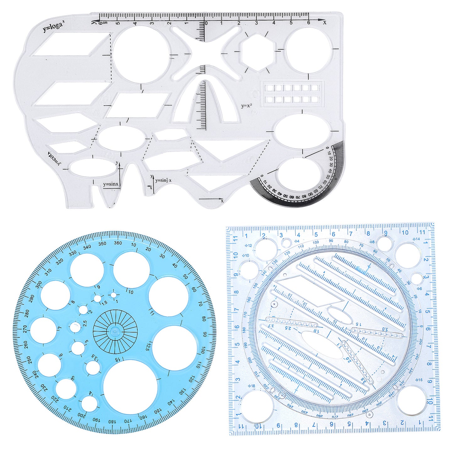 3PCS Circle Template Plastic Circle and Oval Measuring Drafting Stencil Ruler, Multi-Size Reusable Circles Templates Formwork Drawing Maker Tool(Clear and Blue)
