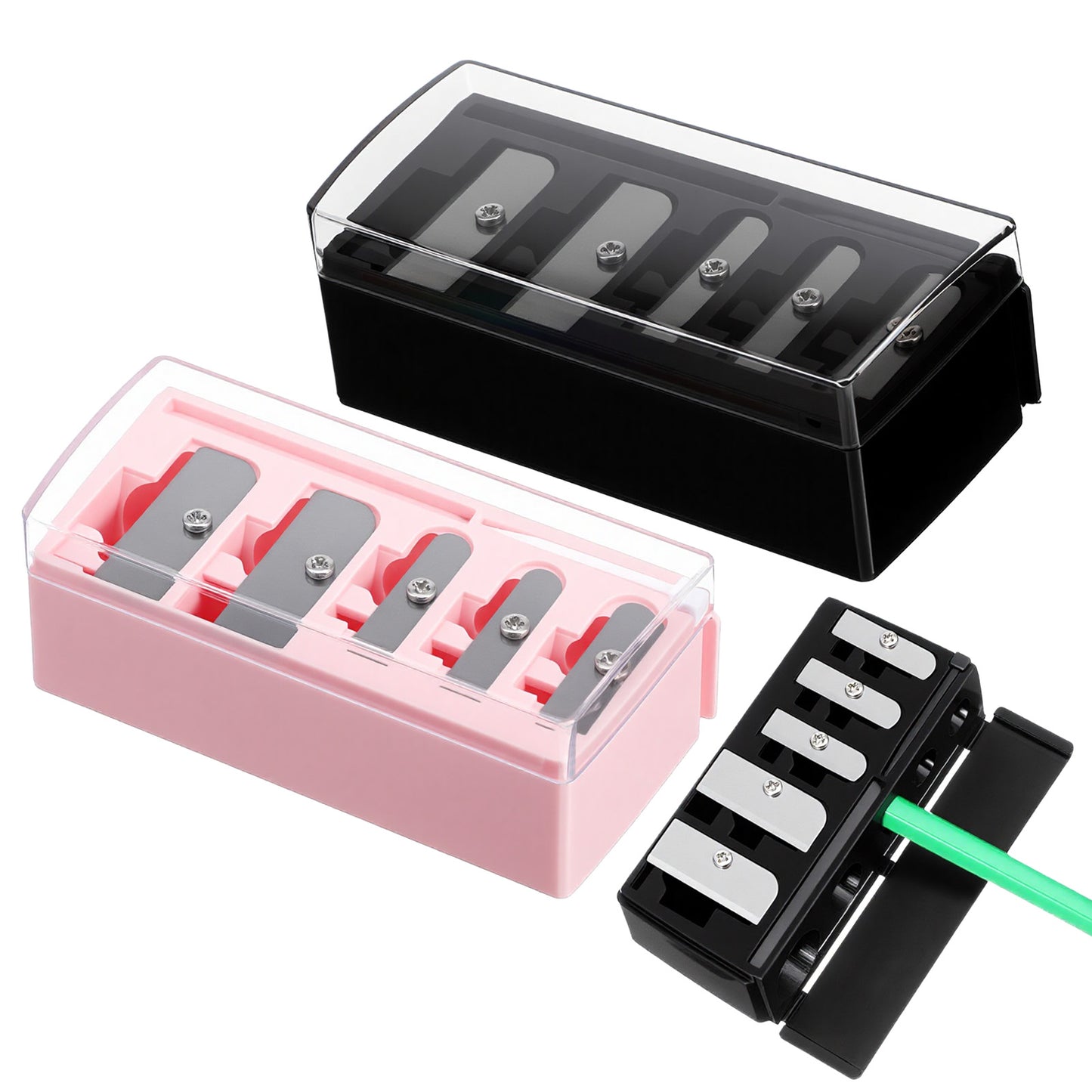 Ouligay 2 PCS 5 Hole Makeup Pencil Sharpener for Women Cosmetic Pencil Sharpeners for Lip Eyeliner Eyeliner and Eyebrow Make up Sharpener Tool with Plastic Lid Black and Pink