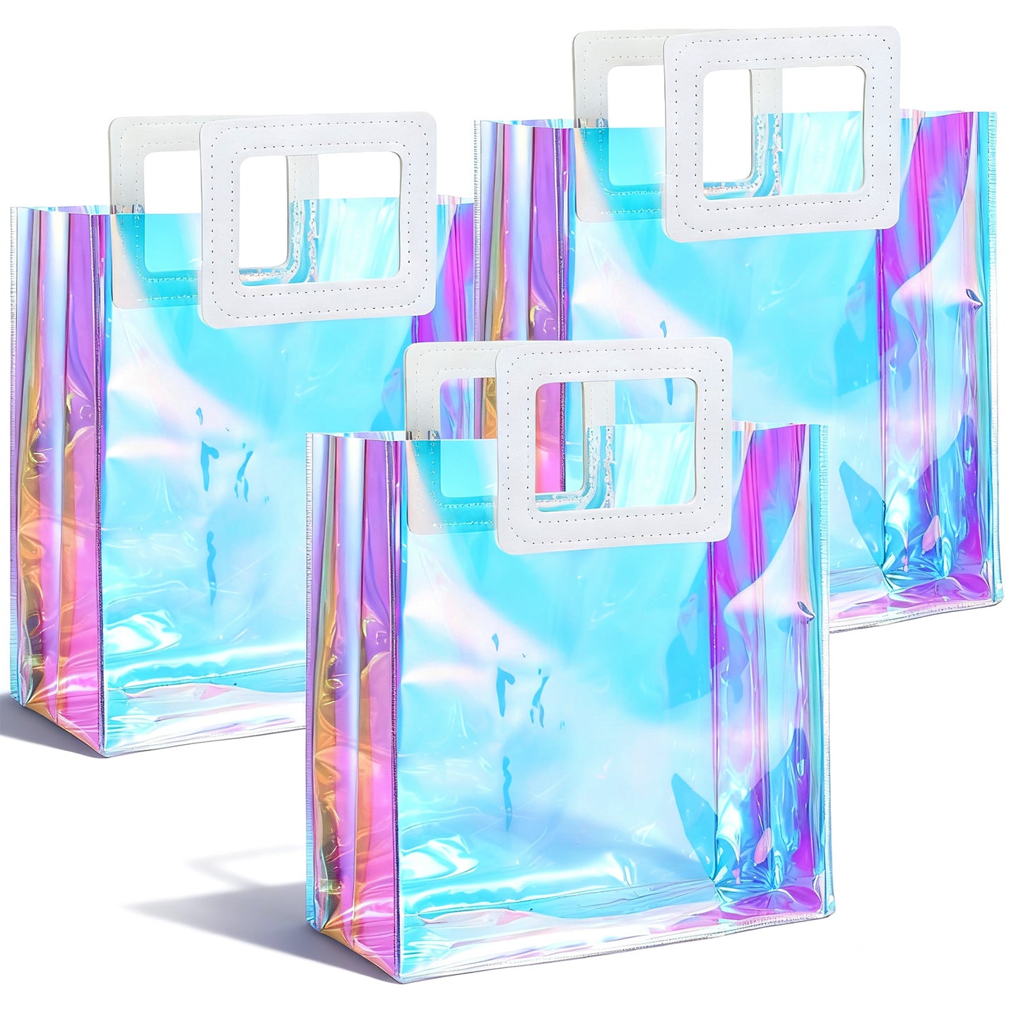 3 Pack Holographic Small Gift Bags with Handles, 8.27 × 7.87 × 3.94 Inches Reusable Party Birthday Gift Bags, Ombre Iridescent Transparent Gifts Wrap Bag for Women Girls