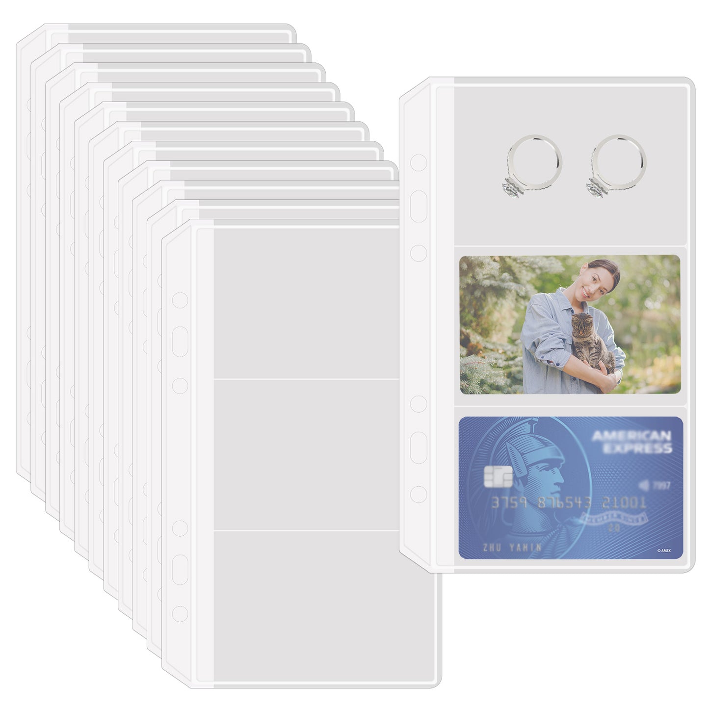 10 Pack A6 Binder Inserts Multi-Compartment Binder Clear A6 Planner Inserts 3 Pocket 6 Hole Folders Sleeves for Business Card Credit Photocard Card Page Protectors Money Cash