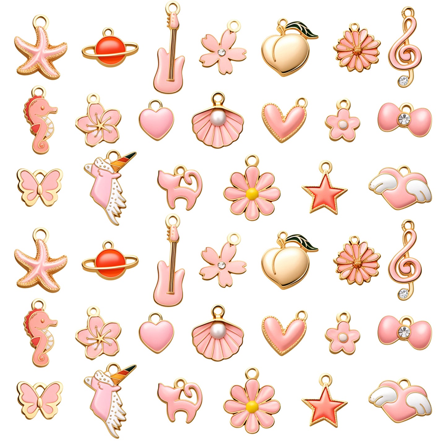 RAHHLIZS 40pcs Pink Bracelet Charms Accessories Cute Keychain Necklace Charms for Crafts Jewelry Making Fruit Floral Cat Music, Pink Theme