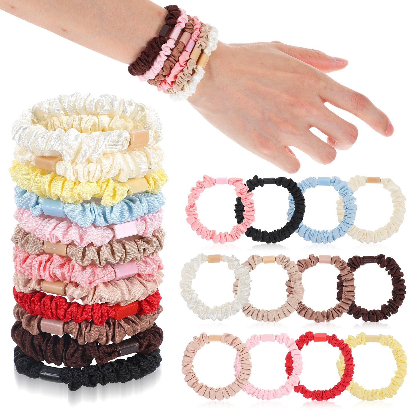 12 Pcs Satin Hair Ties for Women and Girls - Colorful Thin Soft Hair Scrunchie Bulk Elastic Bracelets Ponytail Holders Hair Accessories Galentine's Day Gifts