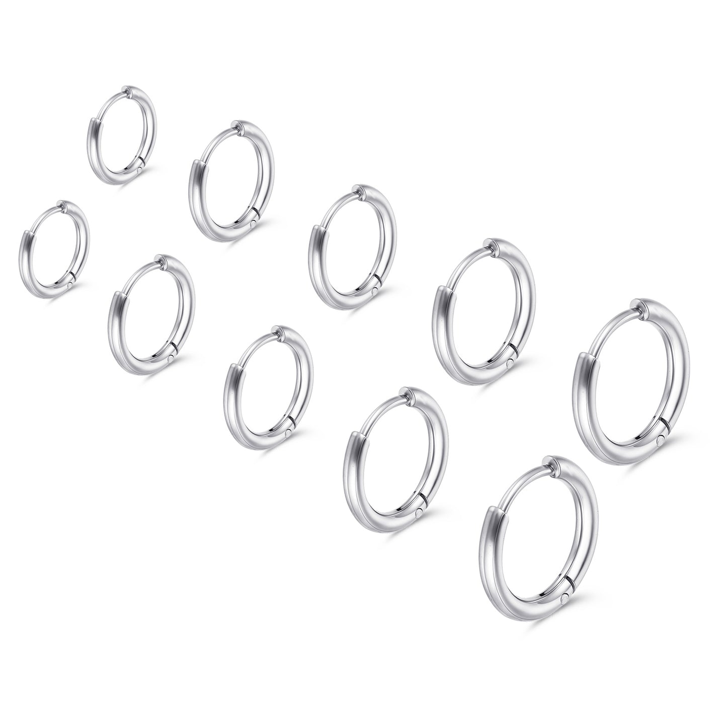 Nogeqi 5 Pairs Small Huggie Earrings for Women, Hypoallergenic 316 Stainless Steel Silver Hoop Earrings Set, Cute Mini Cartilage Earring for Piercing Jewelry Gift, 6/8/10/12/14mm