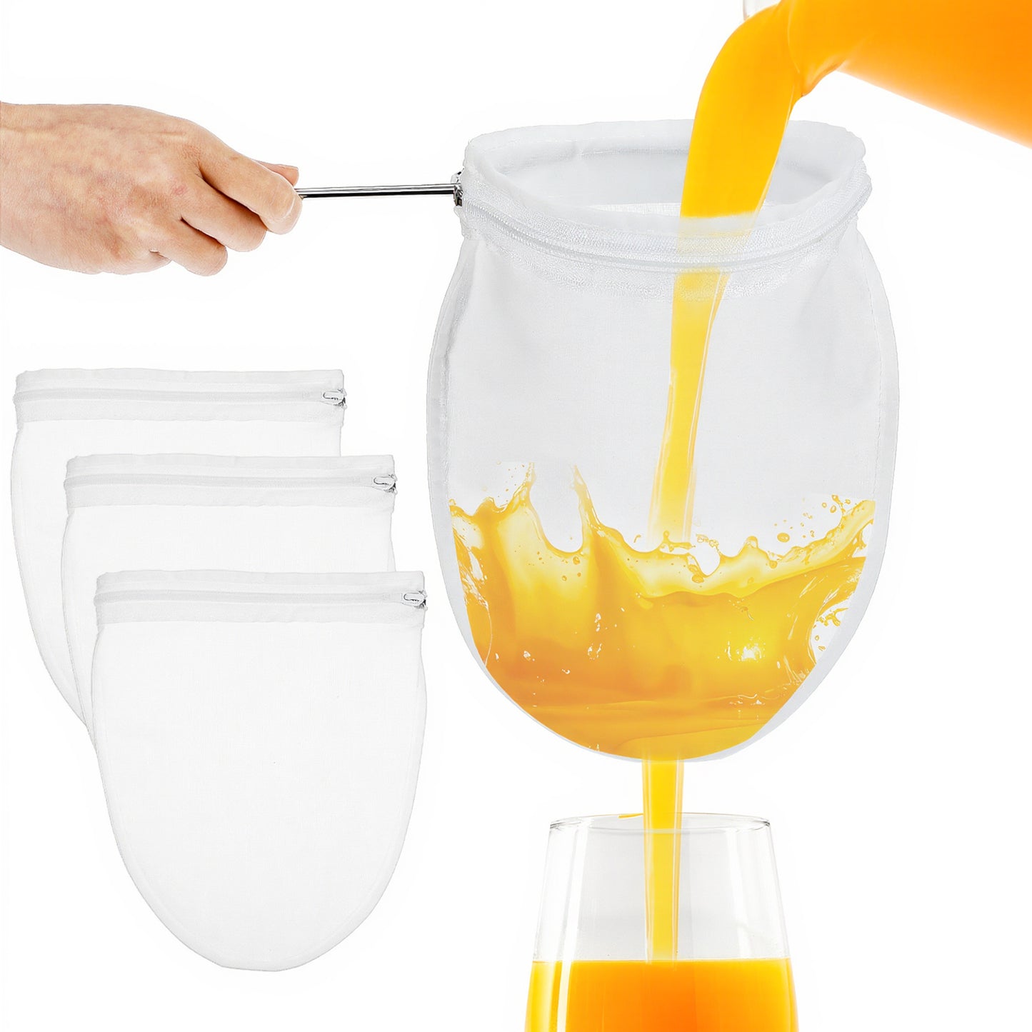 3 Pcs Reusable Straining Bag with Stainless Steel Handle, Nut Milk Bag Strainer, Reusable Mesh Filter Bags, Cheese Cloths for Straining Juice, Nut Milk, Coffee, Thai Tea