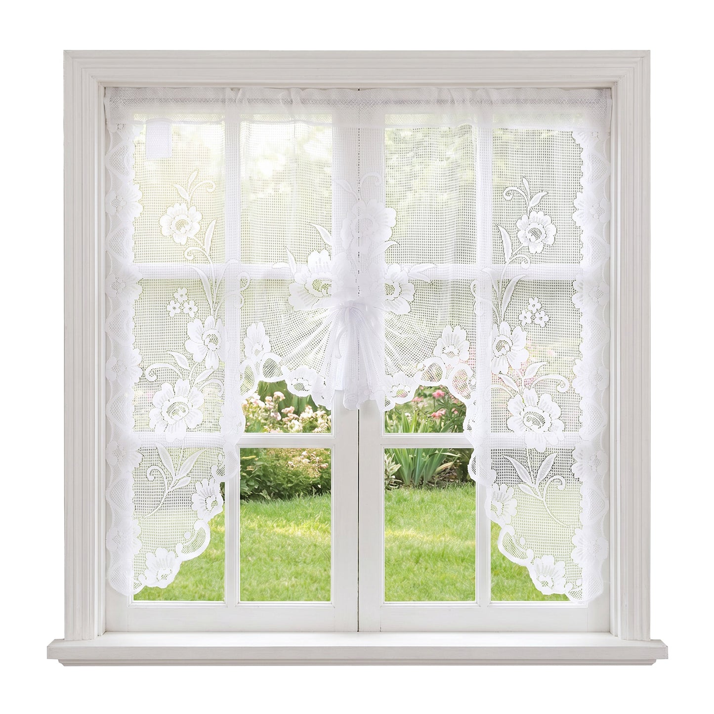 Sorcristy White Semi-Sheer Floral Lace Curtain Swag, Lace Swag Curtains for Kitchen, Hollow Knitted Home Decor for Living Room Bathroom Cafe Small Windows, 39 × 39 Inch/ 100 × 100 cm, 1 Panel