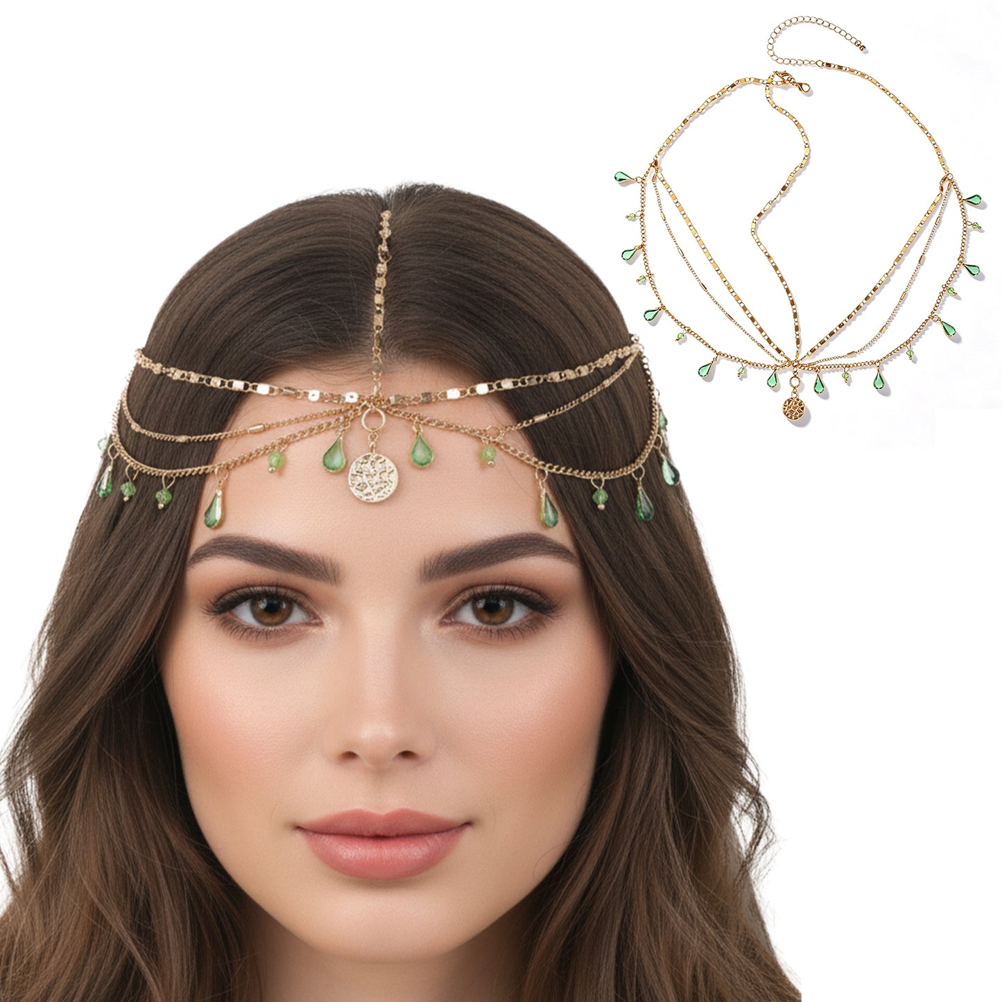 Ouligay Gold Headpiece, Rhinestones Head Chain Egyptian Head Jewelry with Green Gemstone, Gold Head Piece Genie Head Jewelry for Women Girls, Hair Accessories for Festival Prom Wedding Bridal