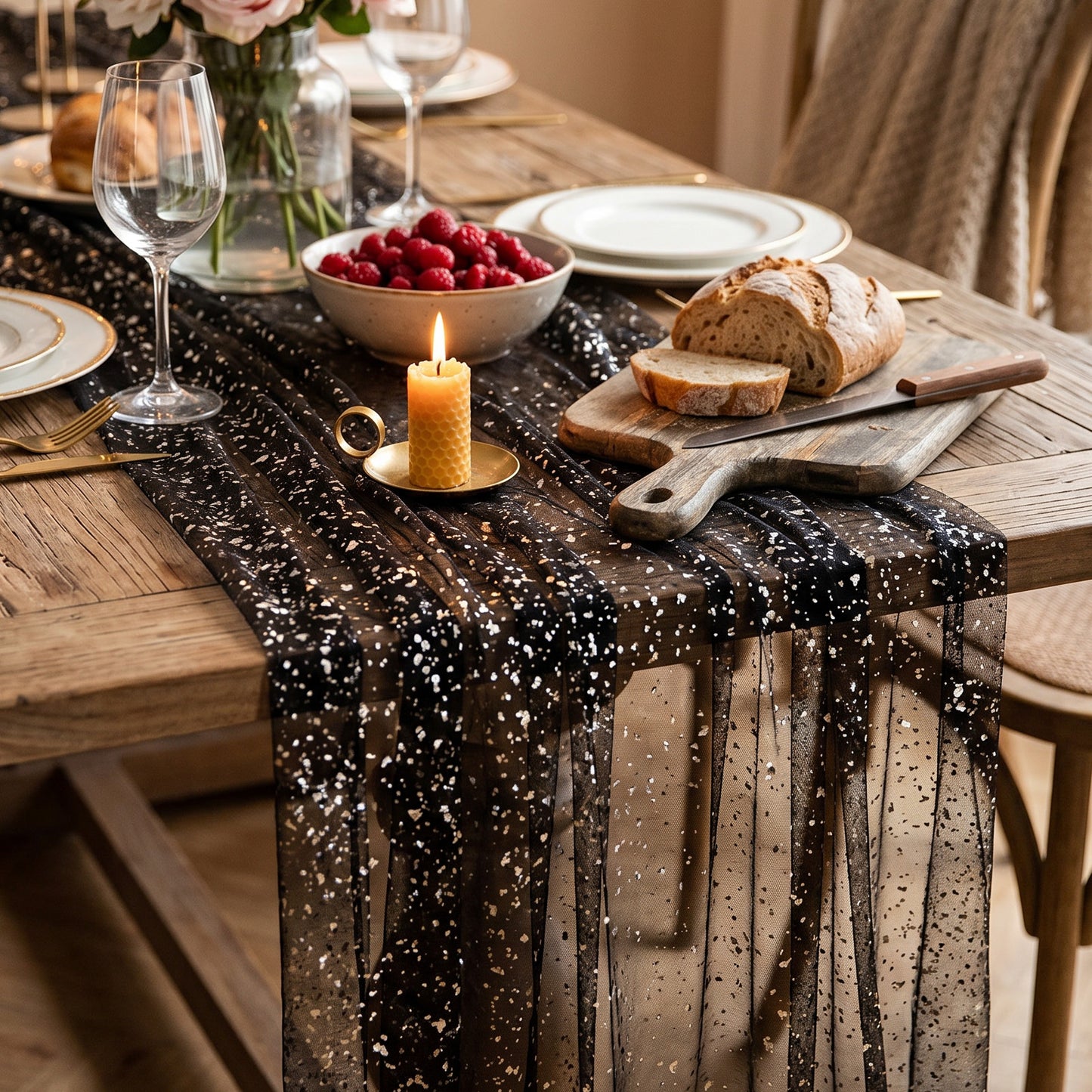 Sorcristy Black Gold Galaxy Star Tablecloth, 300 x 70 cm Rectangular Sheer Tulle Cheesecloth, Shimmer Metallic Foil Sequin Table Cover for Wedding, Birthday and Space Party(Black Gold)