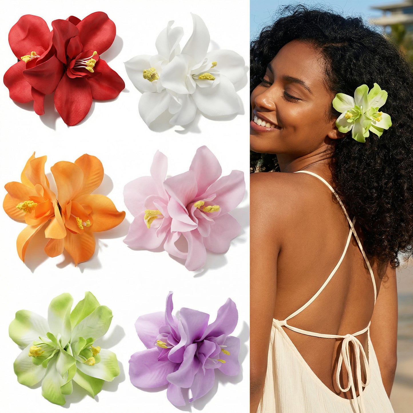 6Pcs Hawaiian Flower Hair Clips for Girls/Women, Ymapinc Artificial Flower Hair Pins, Festival/Beach Hair Accessories (6 Colors: Green/Purple/Orange/White/Pink/Red)