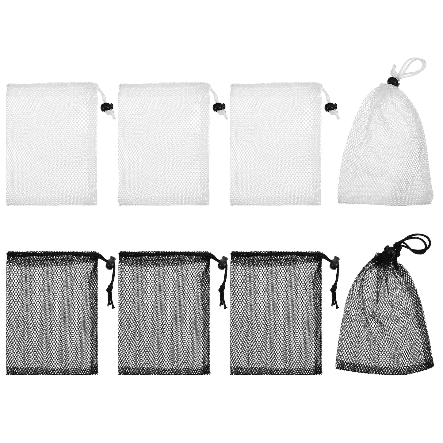 Bremorou 8 PCS Small Mesh Drawstring Bags 7.87 × 5.9 Inch Nylon Mesh Bags with Cord Lock Net Bag Mini Portable Storage Chum Bag for Travel Goods Lipstick Cosmetic Jewelry Toy (Black, White)