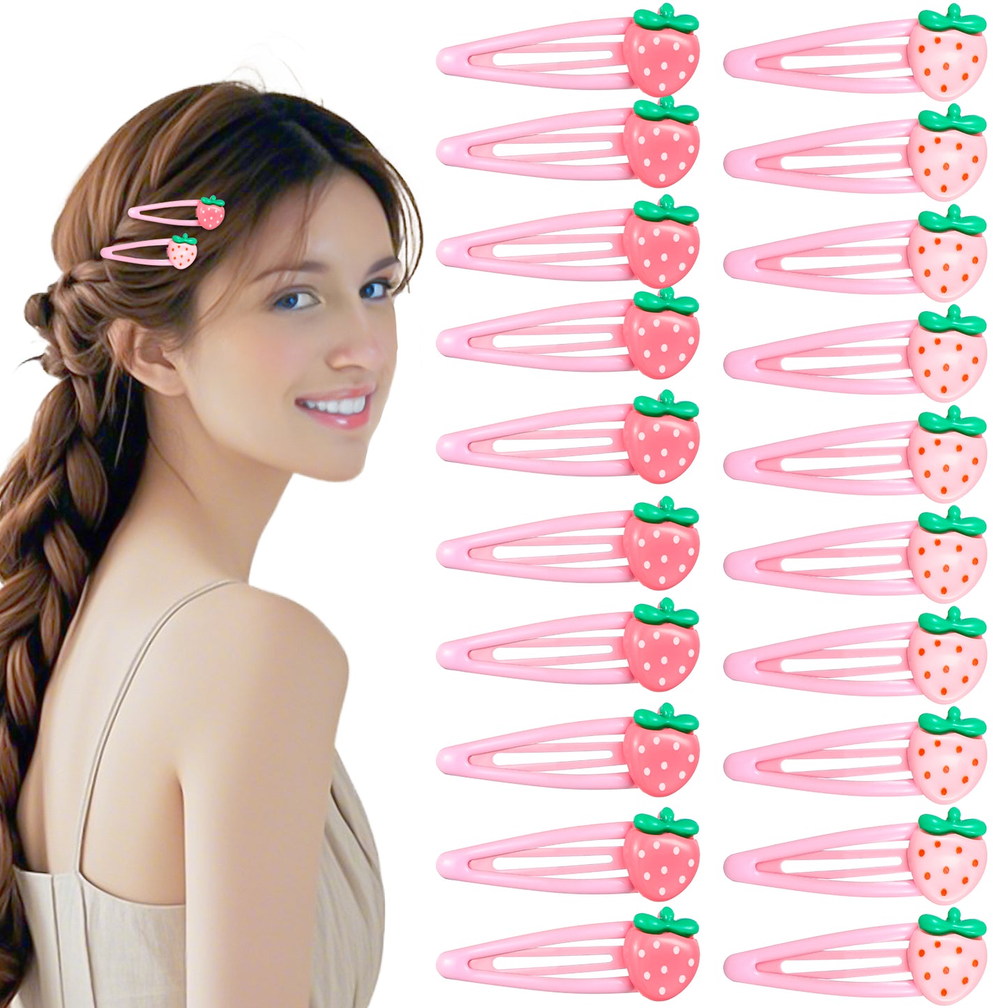 20PCS Strawberry Hair Clips Pink Metal Snap Strawberry Hair Accessories Cute Pink Strawberry Shortcake Fruit Cutecore Hair Barrettes, Sweet Bangs Clip Decorative Hairpin for Women
