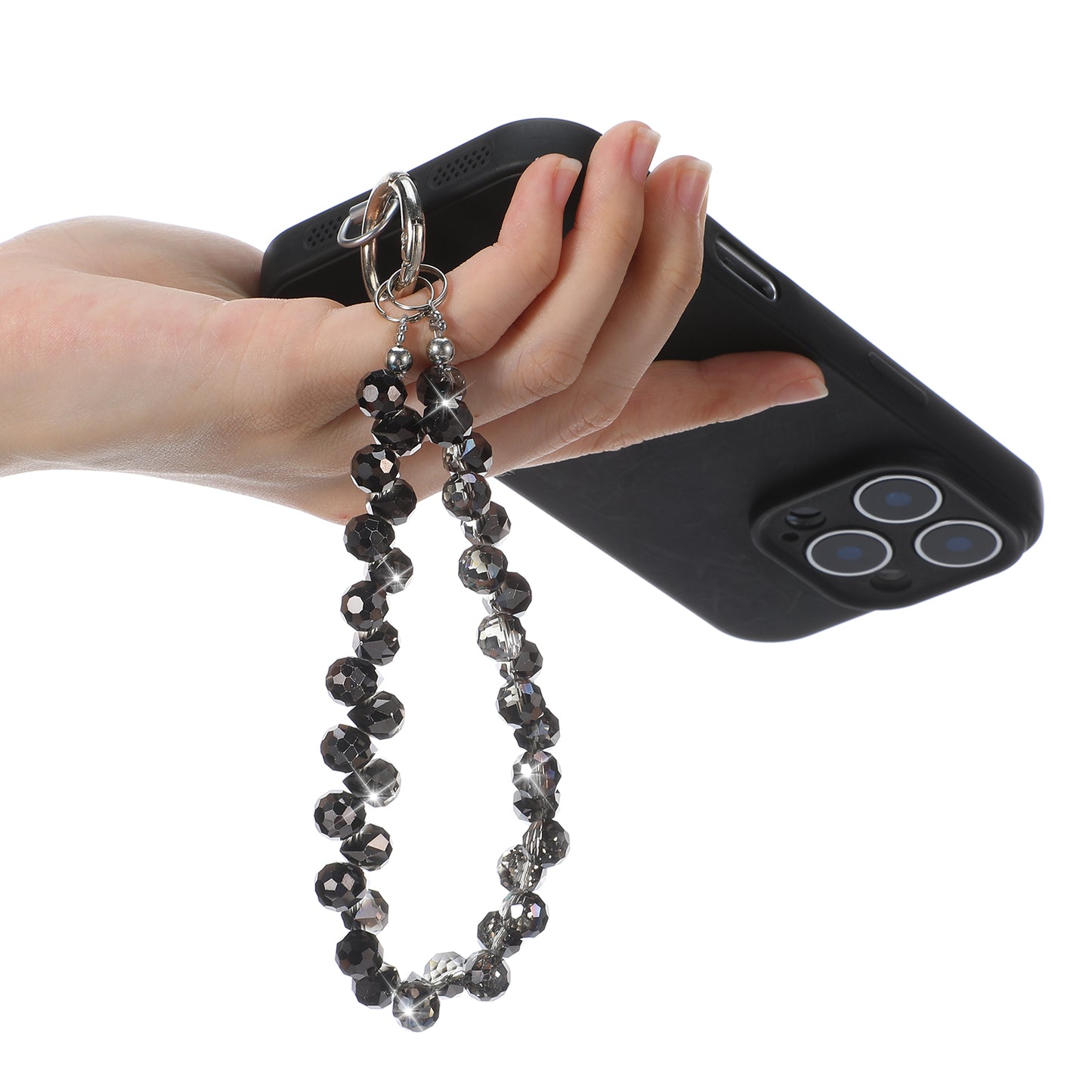 Ouligay Beaded Phone Wrist Strap, Phone Charm Wrist Strap Cute Camera Strap Cellphone Lanyard Chain, Sparkling Wristlet Bracelet for Women, Black Crystal Keychain