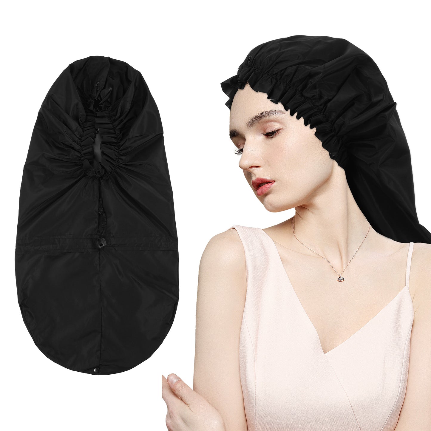 Extra Large Shower Cap for Women Braids Long Hair Bonnet Flexi Jumbo Shower Cap Reusable Waterproof Adjustable Hair Hat Bonnet for Sleeping Drawstring Bath (Black)