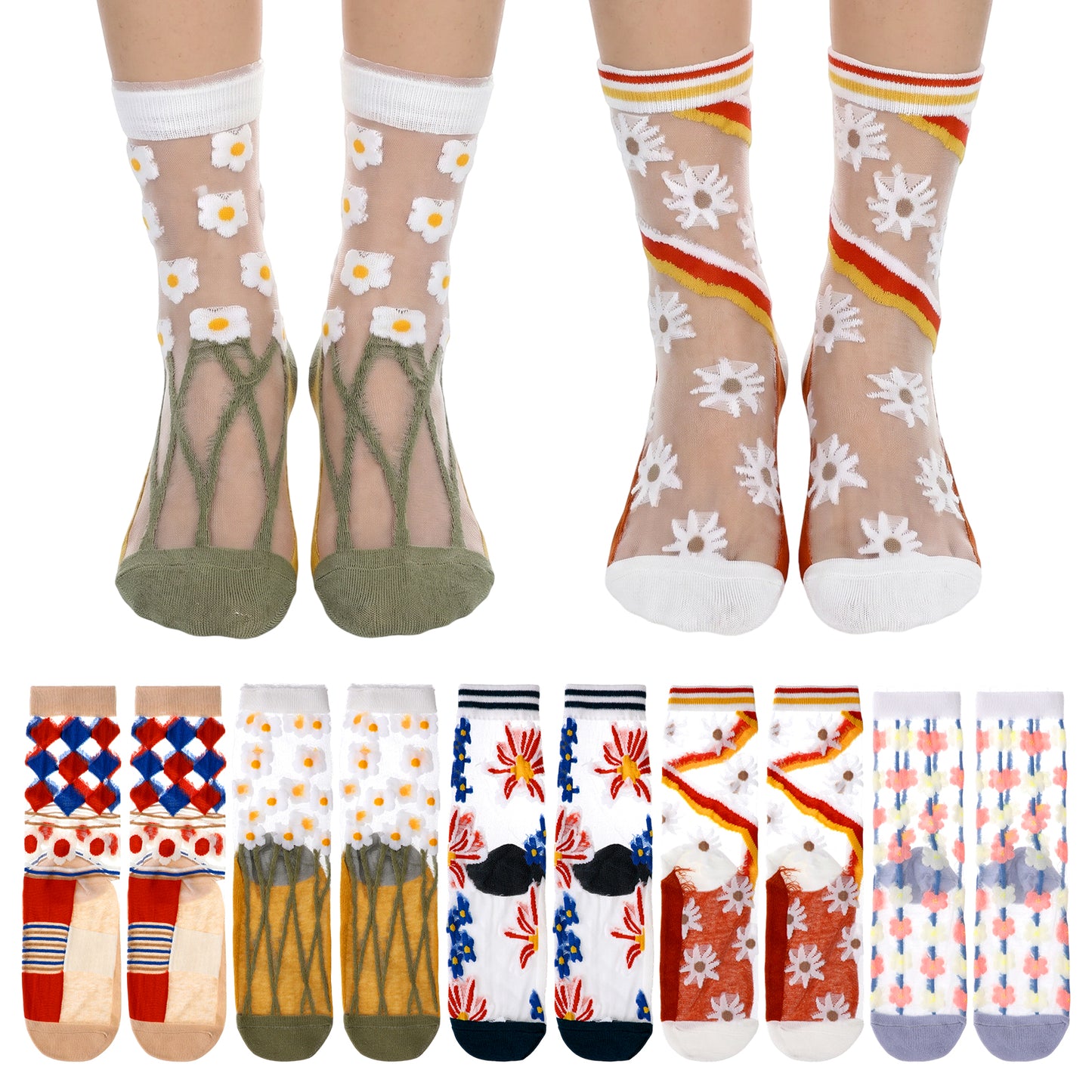 RAHHLIZS 5 Pairs Sheer Socks with Flower Designs Summer Transparent Thin Lace Socks Elastic Jacquard Mesh Crew Sock See Through Sock for Women and Girls (Colorful, One Size)