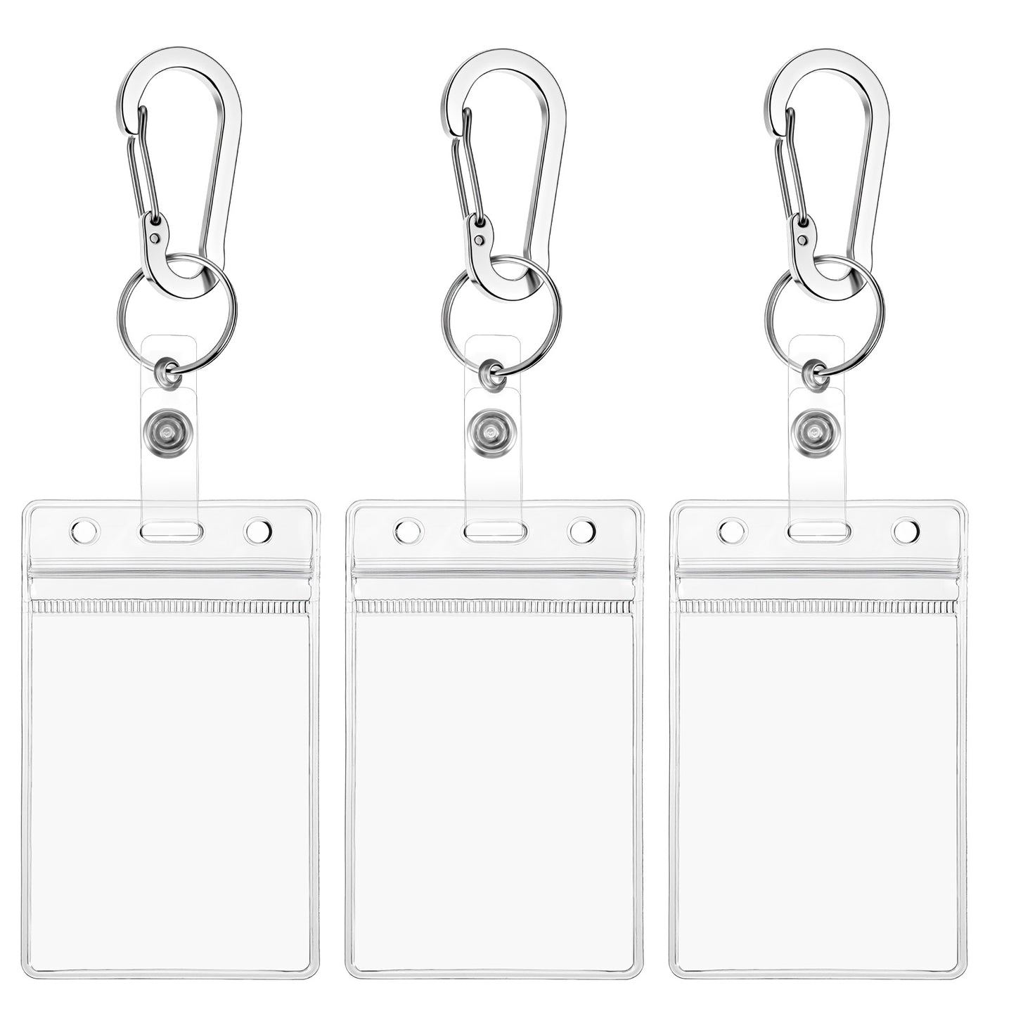 3 Pack ID Badge Holder with Multi Tool Aluminum Carabiner Clip, Extra Thick ID Card Name Badge Holder Heavy Duty Waterproof Clear Plastic PVC Vertical Sleeve Pocket Resealable