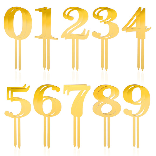 Ymapinc 20Pcs Number Cake Toppers – Gold Acrylic Elegant 0-9 Cake Decorations for Birthday, Wedding, Anniversary, Party & DIY Dessert Sticks (4.45" x 1.65")