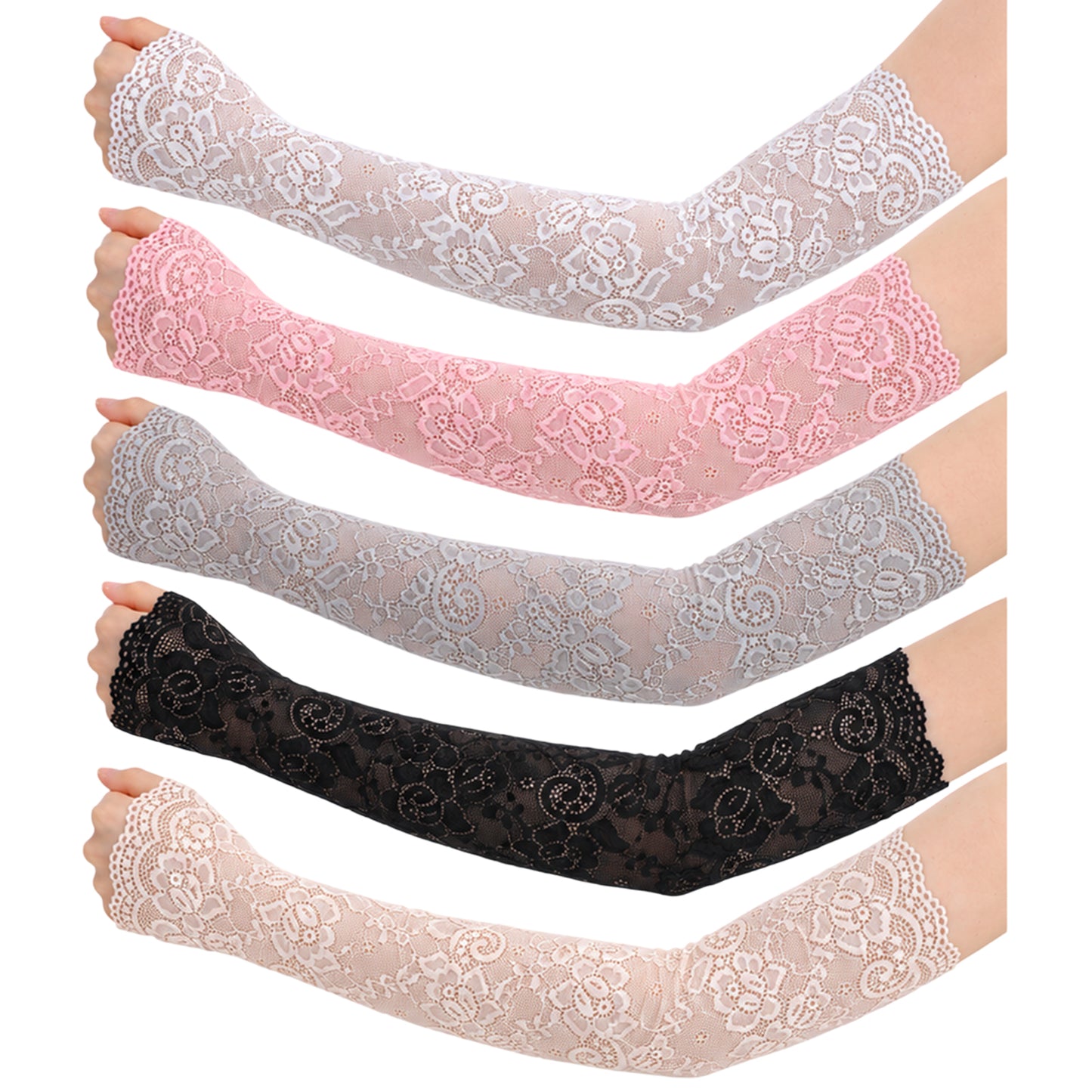 Mabor 5 Pairs Lace Arm Sleeves, Length Lace Sleeves to Cover Arms for Women