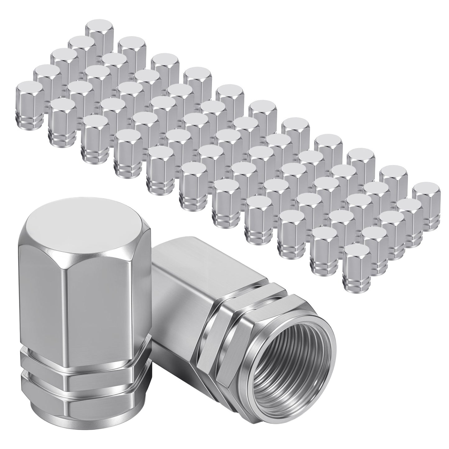 50 PCS Car Tire Valve Caps, Universal Hexagon Design Leak-Proof Aluminum Alloy Tire Valve Stem Covers for Cars, Suvs, Trucks, Motorcycles, And Bikes (Sliver)