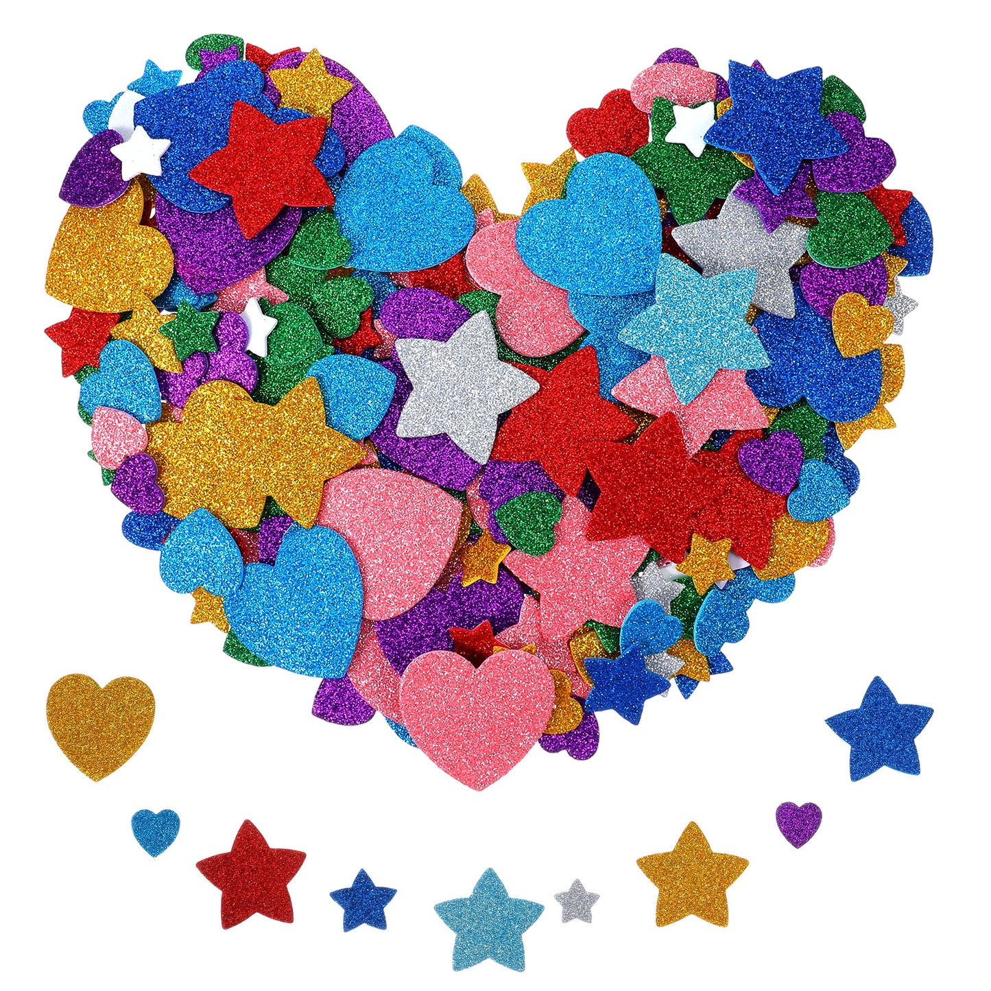 150 PCS Glitter Foam Stickers, Colorful Self Adhesive Glitter Stickers Stars Heart Shapes, Kid's Arts Craft Supplies Greeting Cards Envelopes Scrapbooking Home Decoration