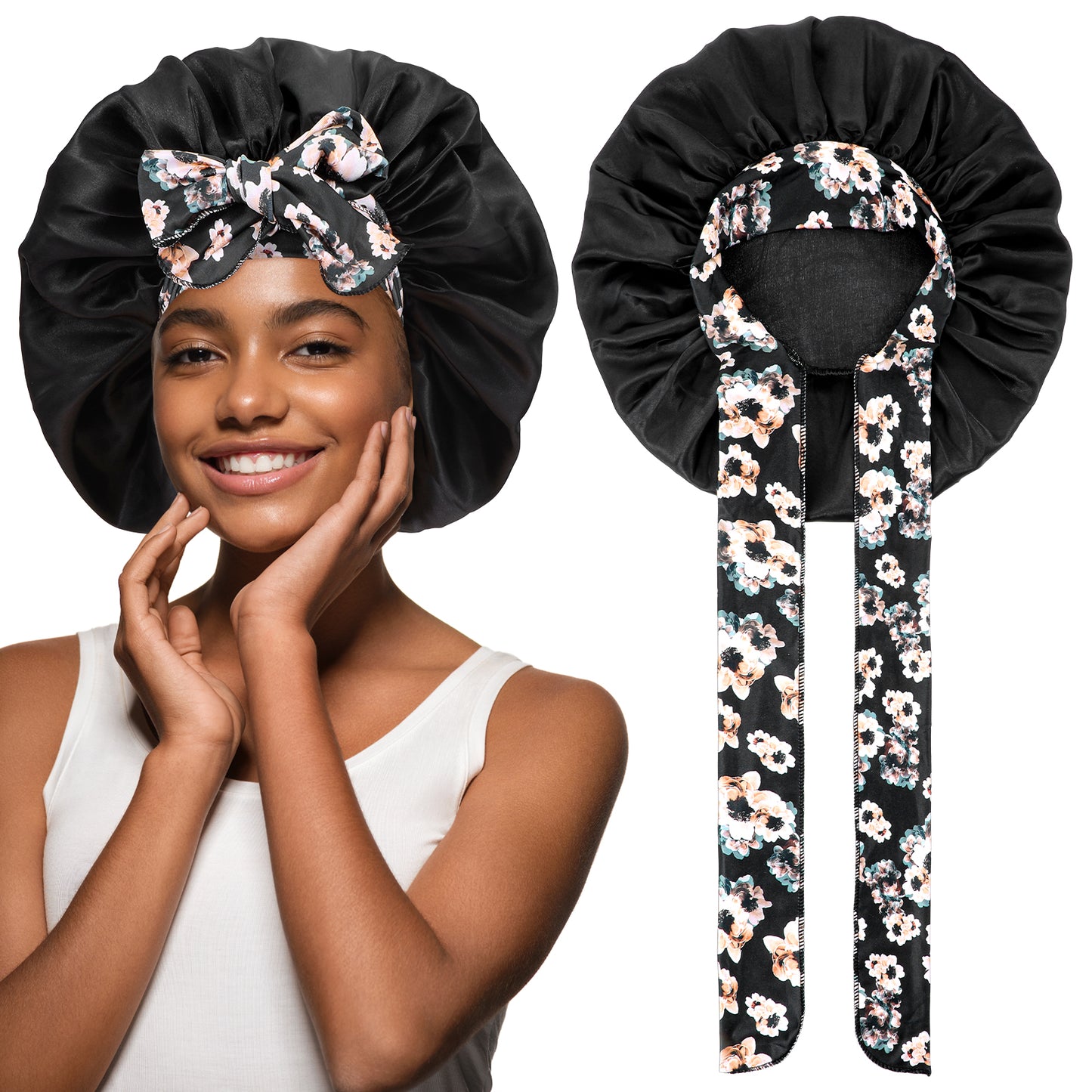 Tyqour Silk Bonnet with Tie Curly Hair Bonnet for Sleeping Double Layer Satin Sleep Bonnet Adjustable Satin Hair Wrap Night Sleep Caps for Women(Black)