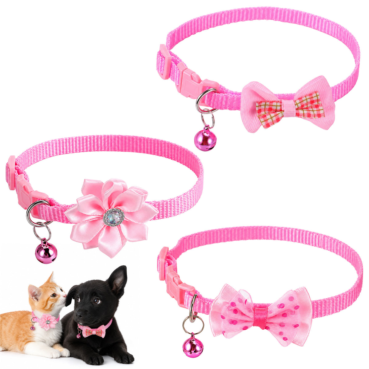 3Pcs XXsmall Dog Collar with Bell, Pink Bow Small Collar for Tiny Dogs Cats