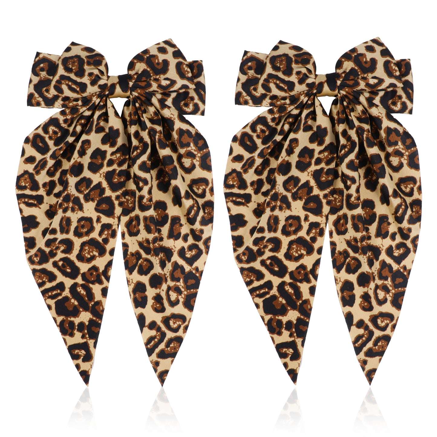 Mabor 2Pcs Leopard Print Hair Bow Clips with Long Tail Ribbon Satin Leopard Big Metal Hair Bow Barrettes Styling Accessories for Women Girls