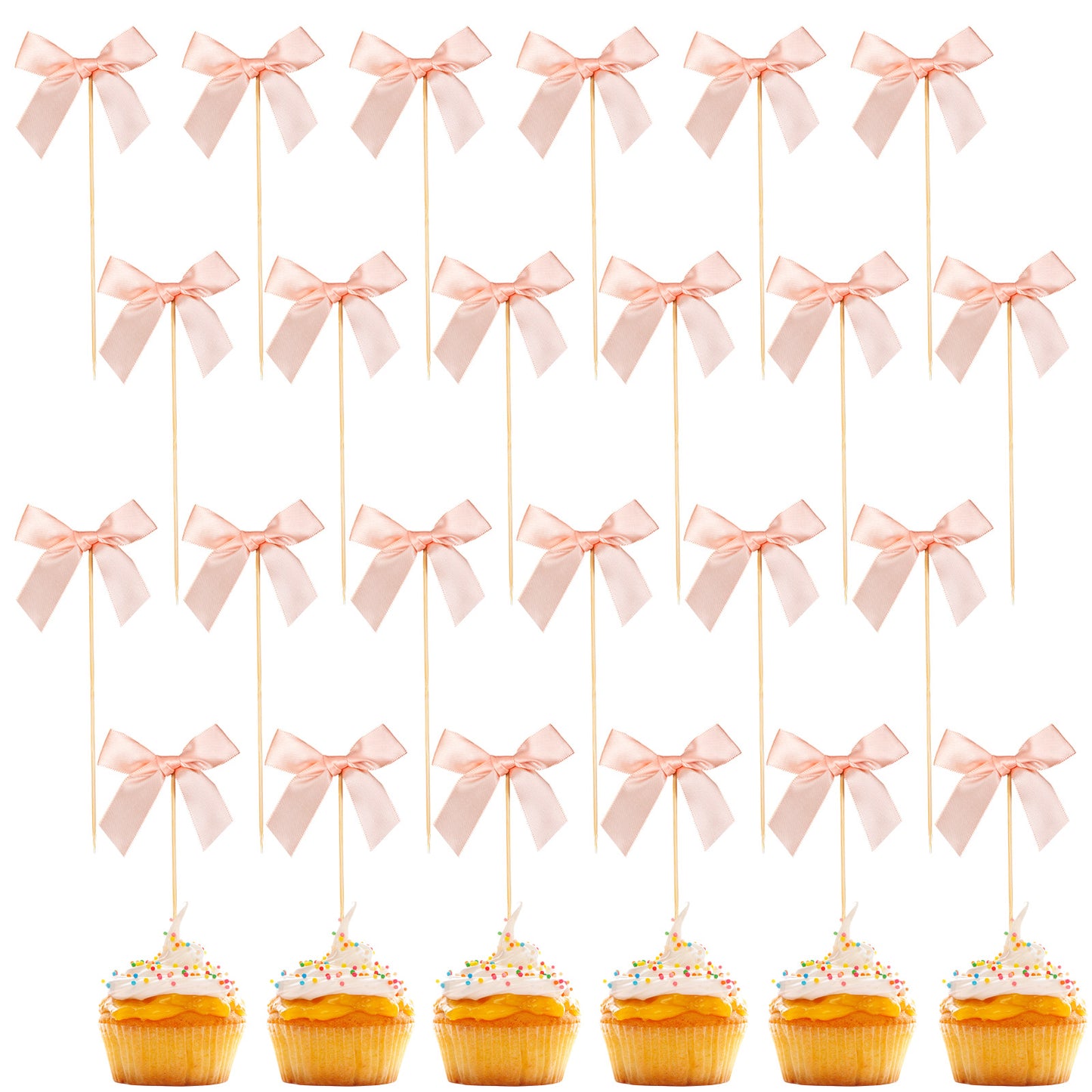 Sorcristy 24Pcs Pink Bow Cupcake Toppers, Mini Bows Cake Decorations for Birthday, Wedding, Baby Shower, and Party Supplies