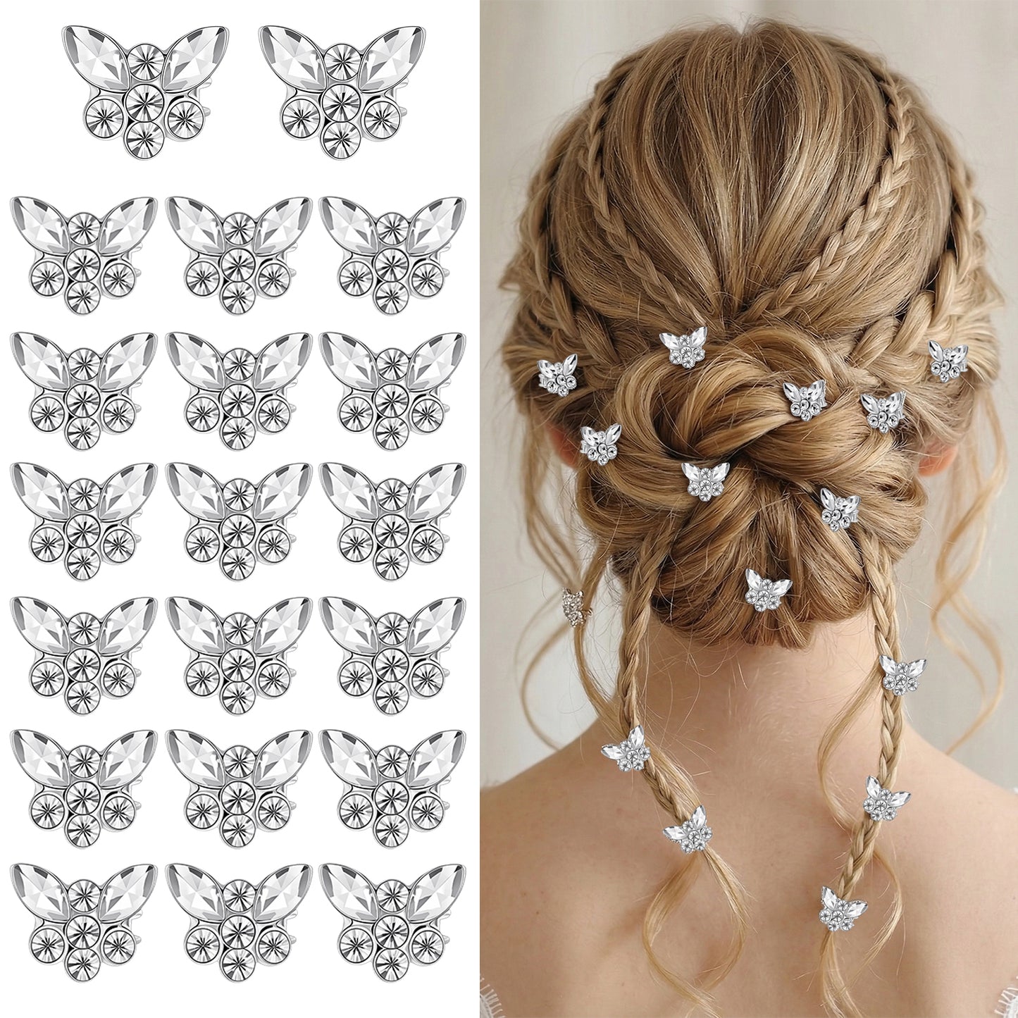 Nogeqi 20PCS Silver Butterfly Hair Clips, Mini Rhinestone Hair Clips for Women Girls, Decorative Butterfly Claw Barrettes for Bridal Flower Girl Wedding Hairstyling Accessories