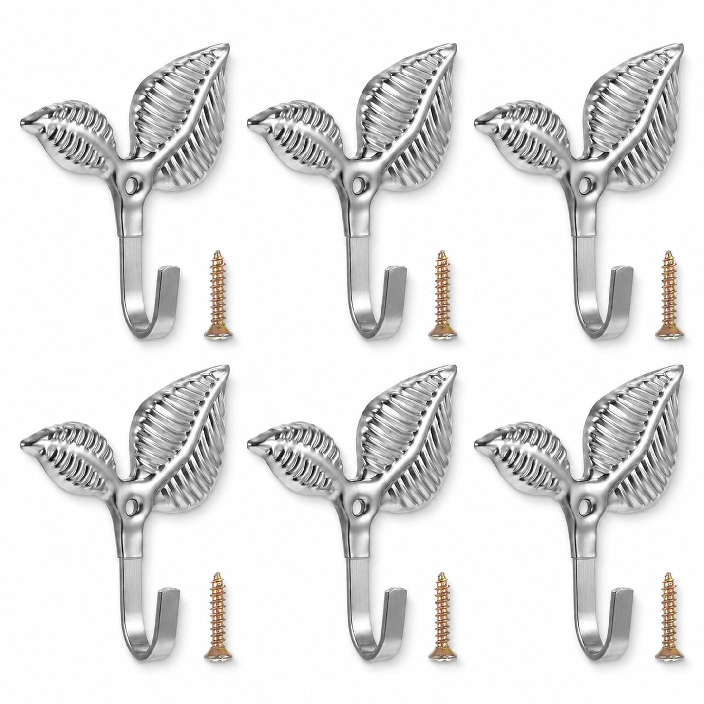 Sorcristy Iron Leaf Wall Hooks 6pcs, Silver Rustic Heavy Duty Wall Hangers Home Decor