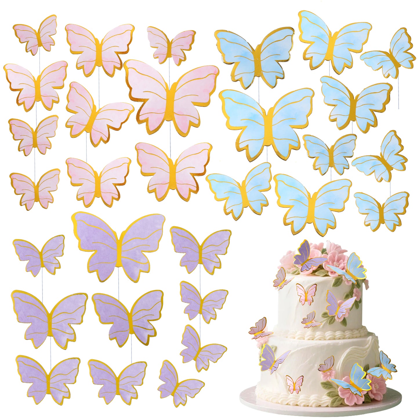 Mabor 30PCS Butterfly Cake Toppers, 3D Blue Pink Purple Paper Butterfly Cupcake Decorations for Birthday Wedding Party Supplies
