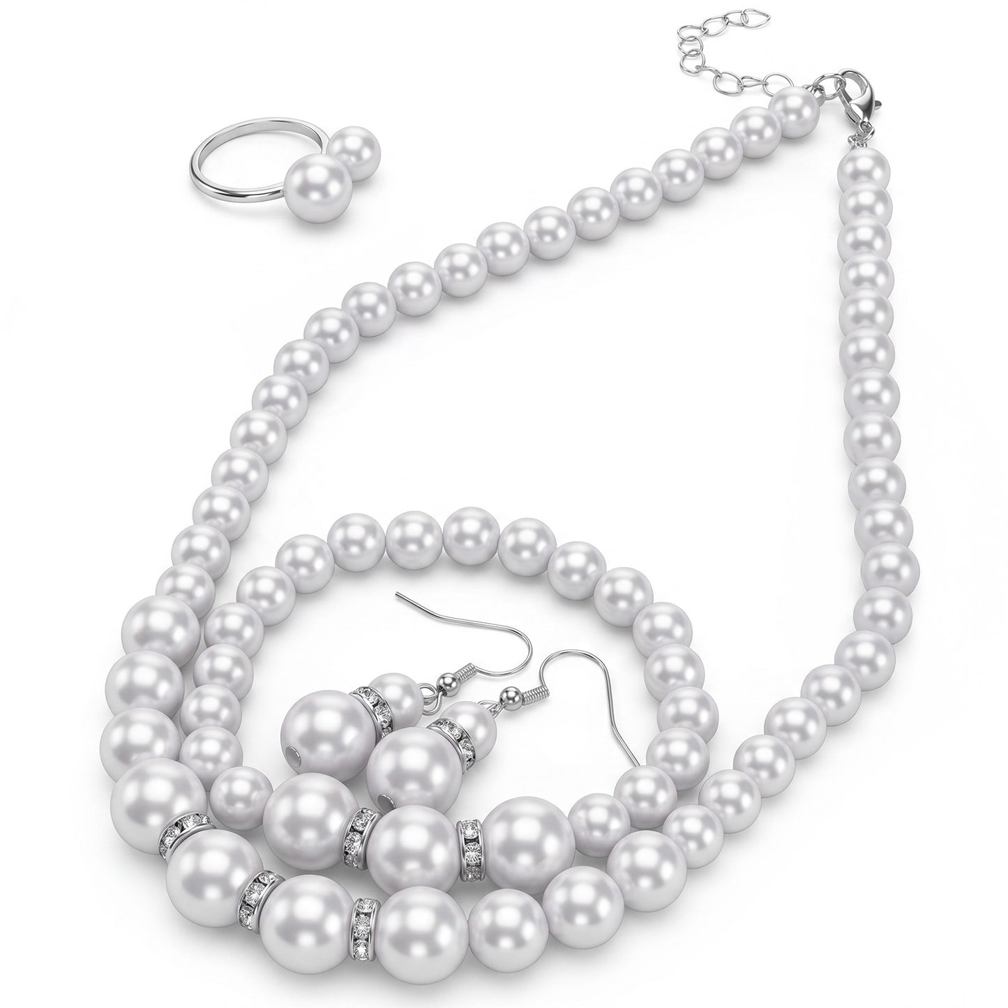Ymapinc 4 Pcs White Pearl Necklaces for Women, Elegant Bridal Jewellery Set, Pearl Bracelet Ring and Earrings Set, Classic Costume Jewellery for Wedding Party Daily Wear