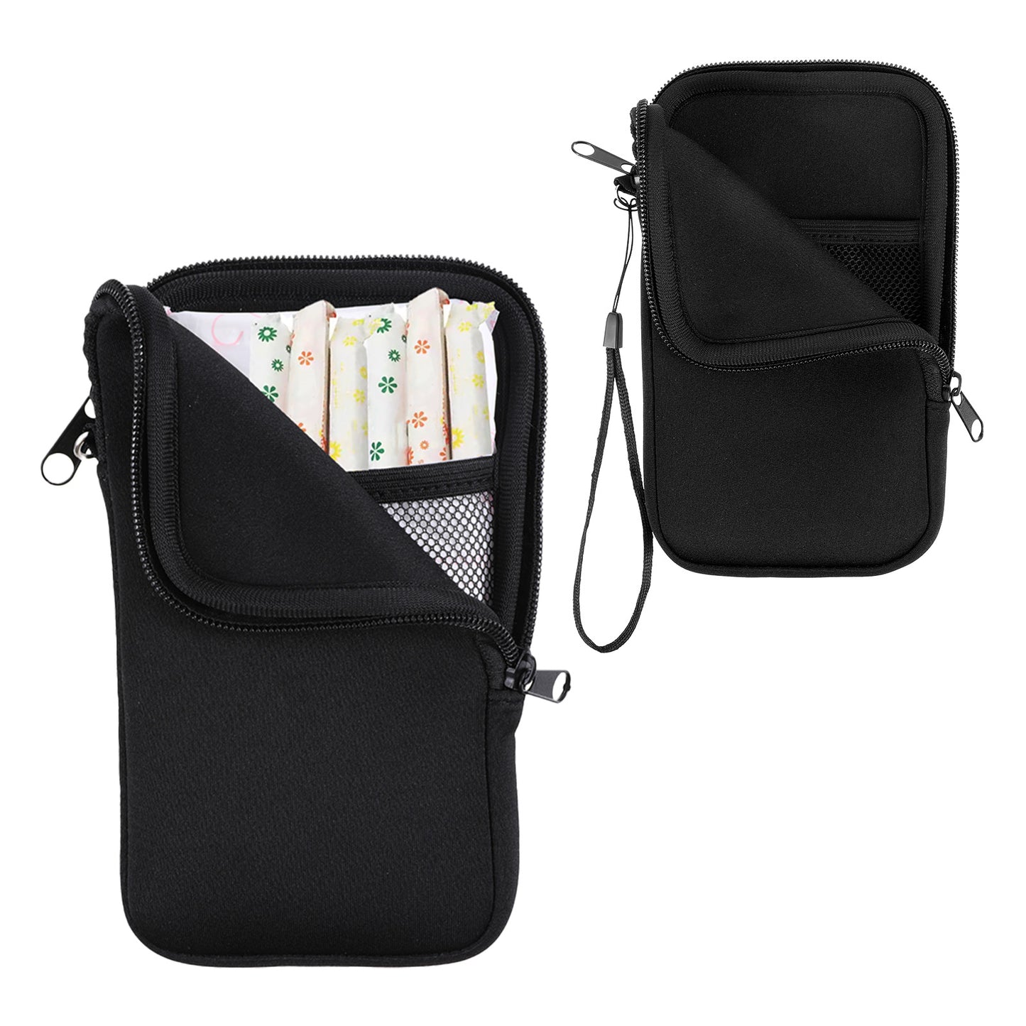 Matwsec 1 Pc Tampon Pouch, Portable Tampon Holder for Purse, Neoprene Tampon Bag with Strap, Travel Friendly Discreet Period Bag for Feminine Products, Waterproof Pad Bag, Black (Bag Only)