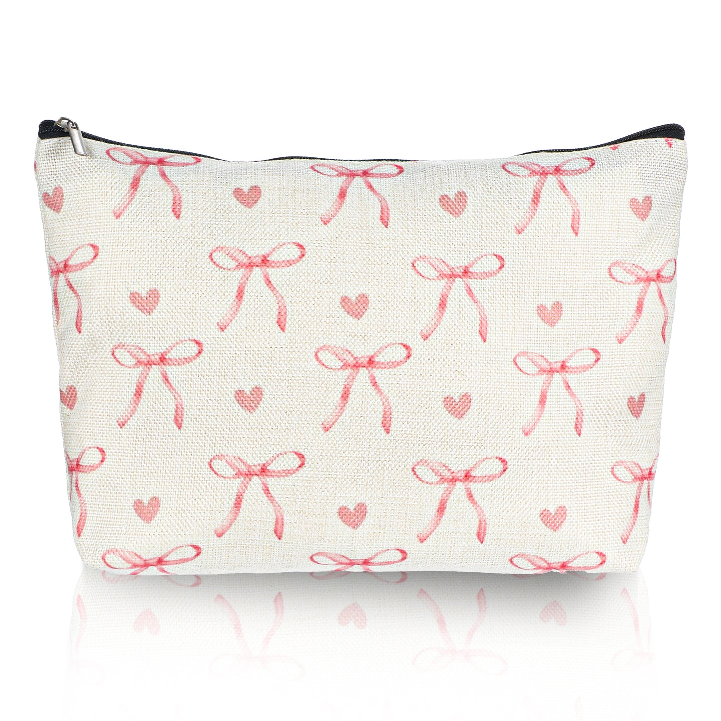 1Pcs Pink Bow Makeup Bag for Women Girls, Cute Coquette Cosmetic Bags, Pink Lovely Heart and Bow Preppy Makeup Pouch with Zipper, Travel Toiletry Bag Gifts for Women Teens Girls, Beige