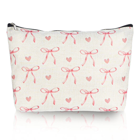 1Pcs Pink Bow Makeup Bag for Women Girls, Cute Coquette Cosmetic Bags, Pink Lovely Heart and Bow Preppy Makeup Pouch with Zipper, Travel Toiletry Bag Gifts for Women Teens Girls, Beige