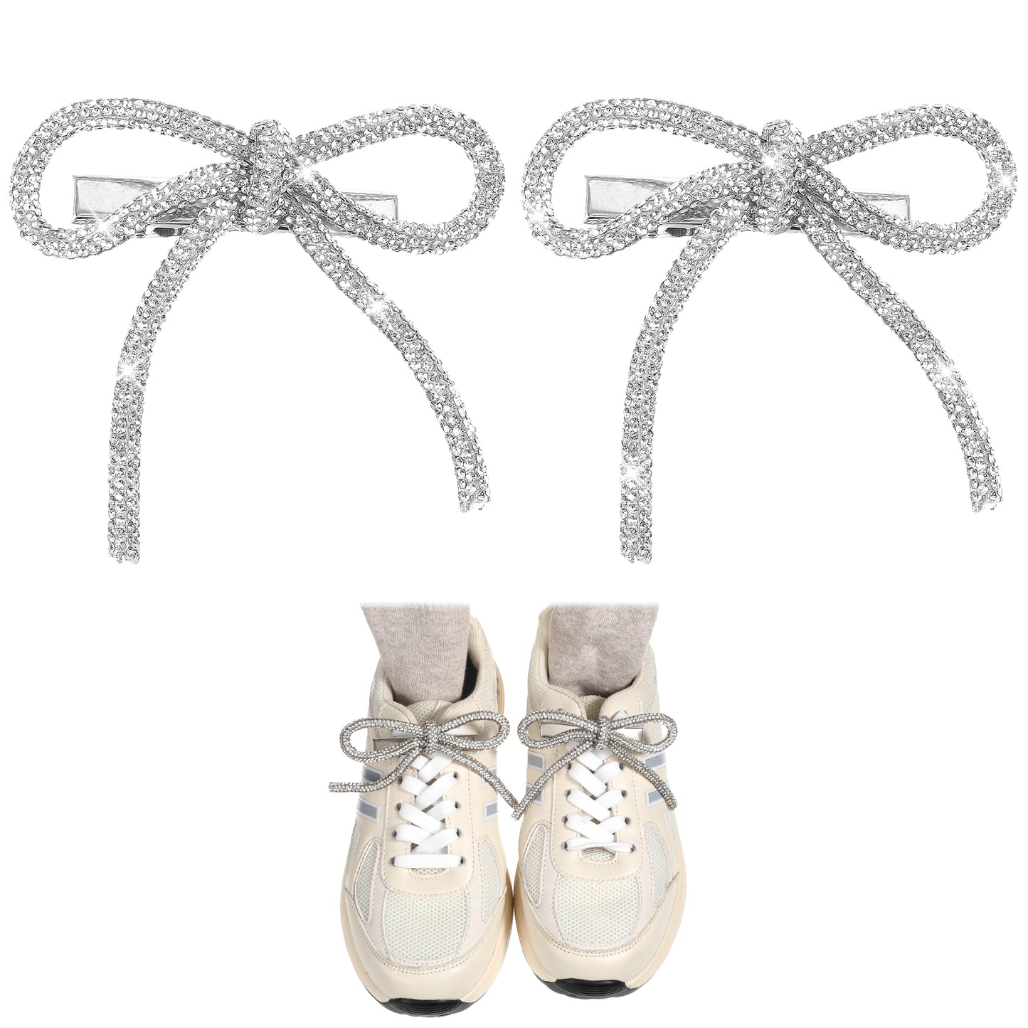 2 PCS Bow Hair Clips for Women, Rhinestone Hair Bows, Silver Hair Bow Clips, Non-Slip Duckbill Hair Barrettes, Crystal Bowknot Hair Accessories for Girls, Prom, Party, Wedding