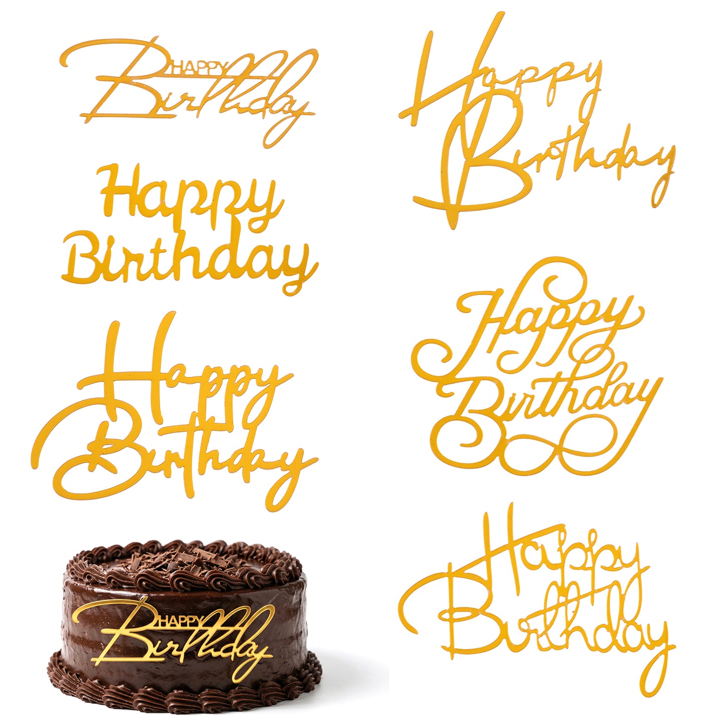 6pcs Gold Happy Birthday Cake Topper, Acrylic Happy Birthday Cake Sign Party Decorations Cupcake Toppers for Anniversary, Bridal Shower, Party Desserts Pastries Supplies