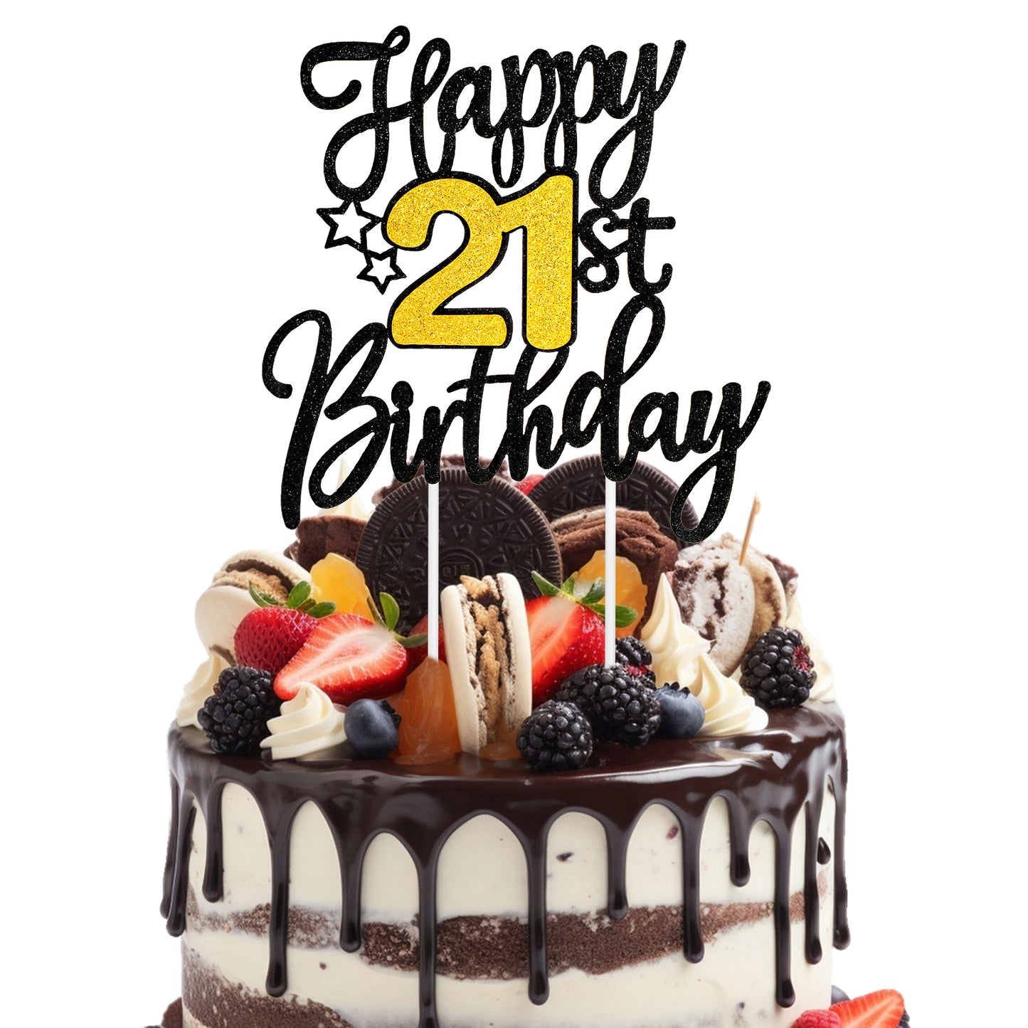 Ouligay Happy 21st Birthday Cake Topper, Glitter 21st Birthday Cake Decorations for Birth Day Anniversary Party Supplies (Black, Gold)
