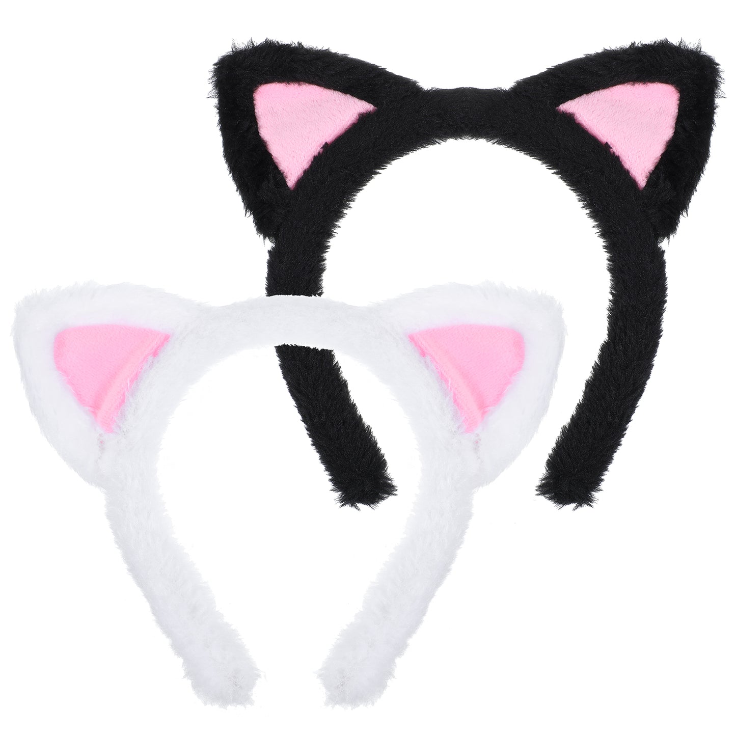 2PCS Cat Ears Headbands Black & White Plush Soft Cute Washing Face Kitten Head Band, Pink Inner Ears Fuzzy Makeup Hairband Accessories for Mask Skincare Spa Yoga Adults Kids Halloween Parties Cosplay
