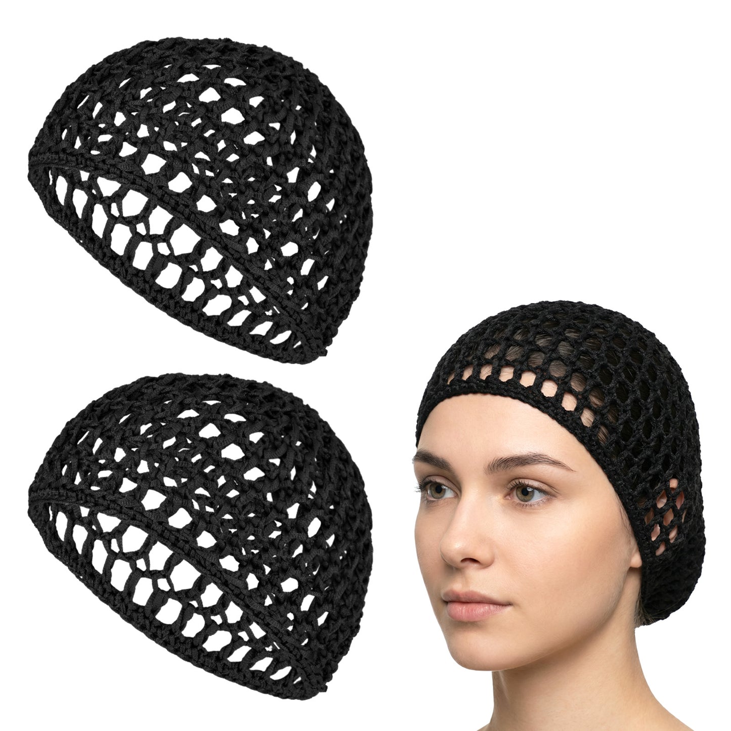 2 Pcs Hair Nets for Sleeping Crochet Mesh Wrap Caps for Silk Press Protection Adjustable Net Mesh Braided Weaving Reusable Bonnets Hair Wrap for Women Curly, Straight Hairs, Wig Protection, Black