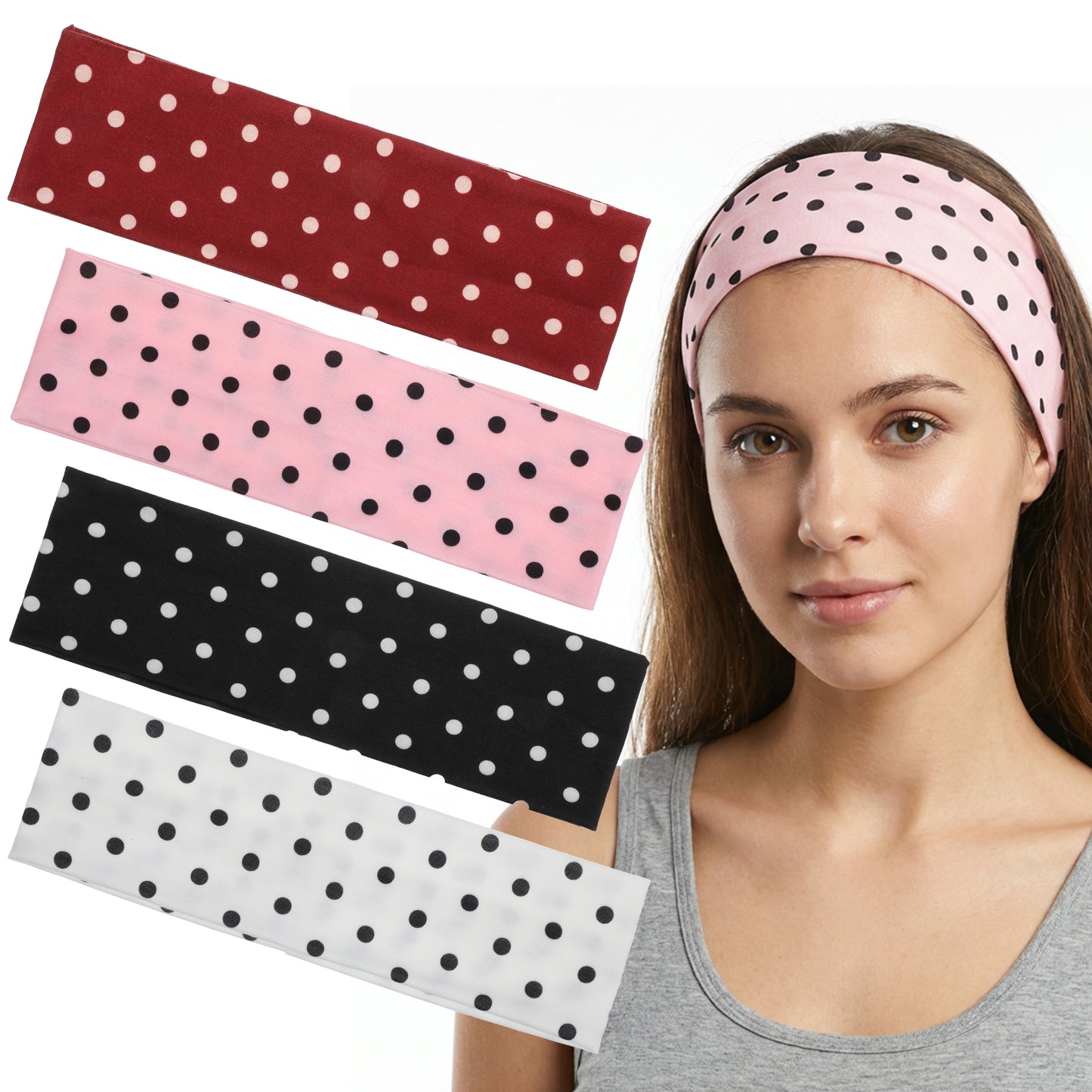 Ouligay 4 PCS Polka Dot Fabric Headbands for Women Elastic Non Slip Hair Bands Soft Comfortable Cloth Headband Retro Fashion Headbands for Yoga Workout and Daily Hair Accessories