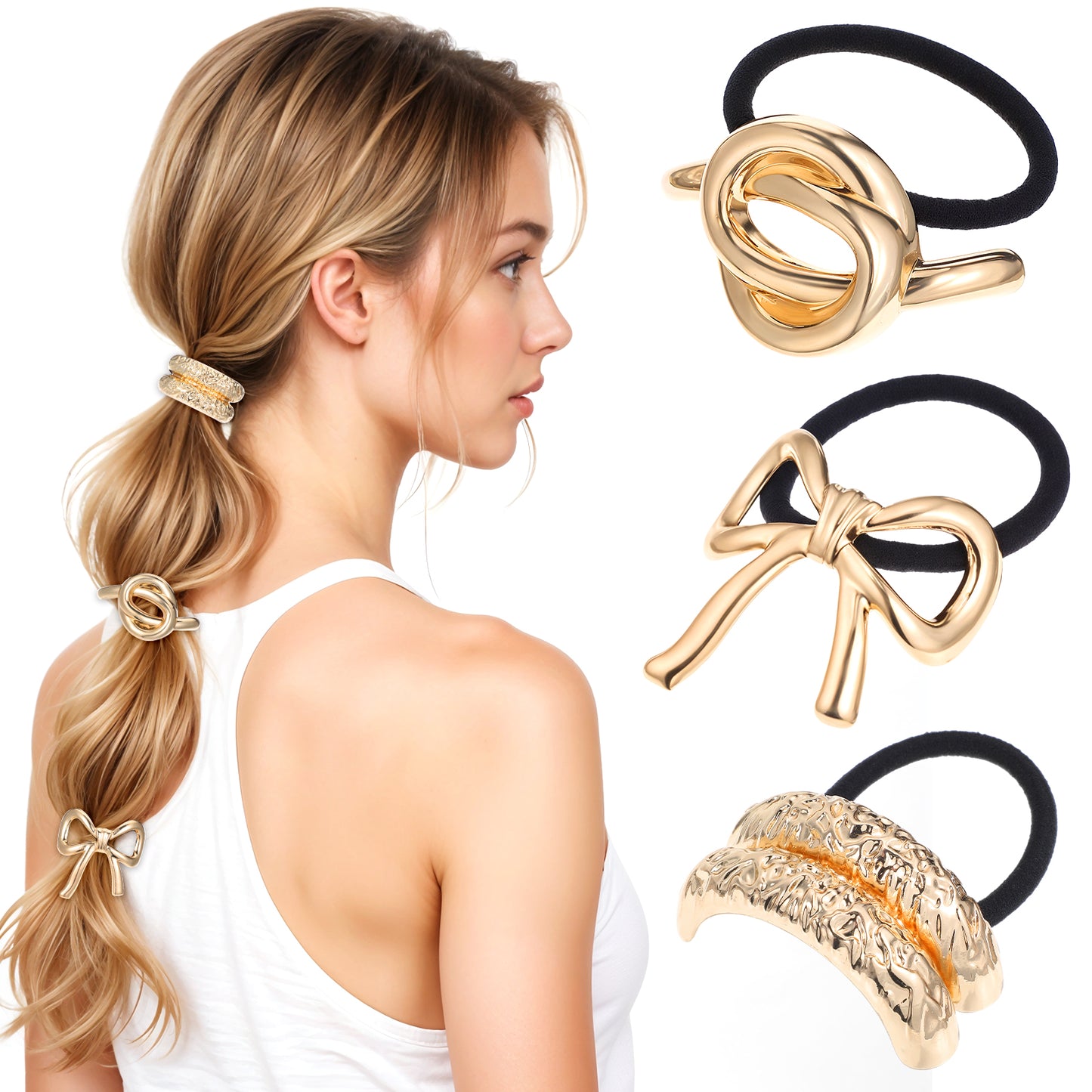 3 Pcs Gold Metal Hair Tie Gold Geometric Hair Ties No Damage Gold Hair Accessories Stretchy And Non-Damage Ponytail Holders Elegant Durable Gold Hair Tie Cuff For Women Valentine's Day Gifts Holiday