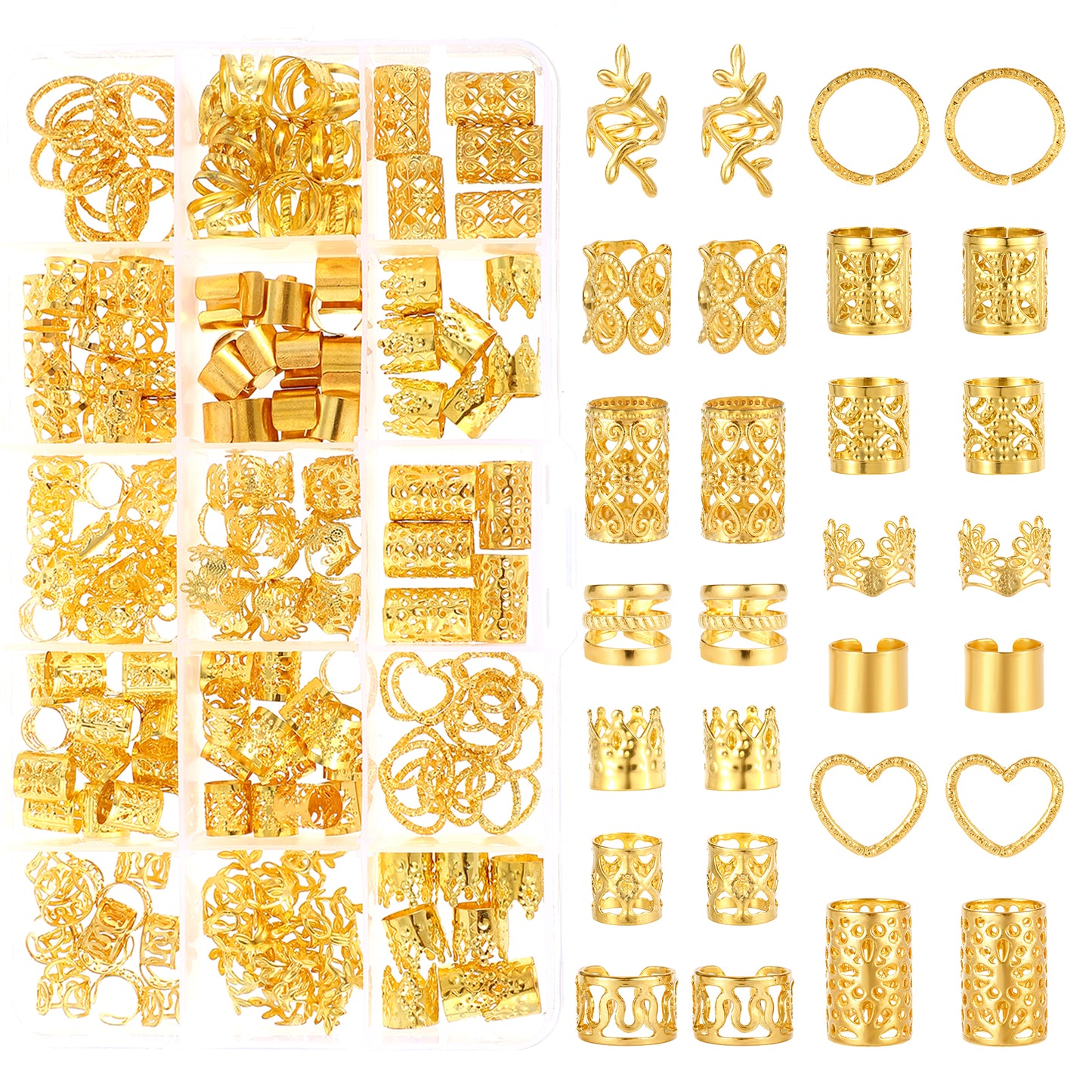 Nogeqi 190PCS Gold Hair Cuffs for Braids Gold Hair Clips for Braids Braid Jewelry for Box Braids Hair Jewelry for Braids Braid Cuffs Braid Charms for Women Hair Braid Accessories