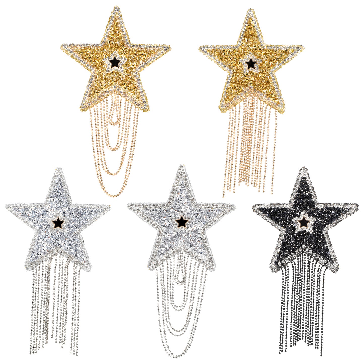 Mabor 5Pcs Star Iron on Patches with Tassel Sparkling Rhinestone Clothes Repair Patches Shiny Five-Pointed Star Appliques for Clothing Dress Hat Bag Jacket DIY Decoration Accessories