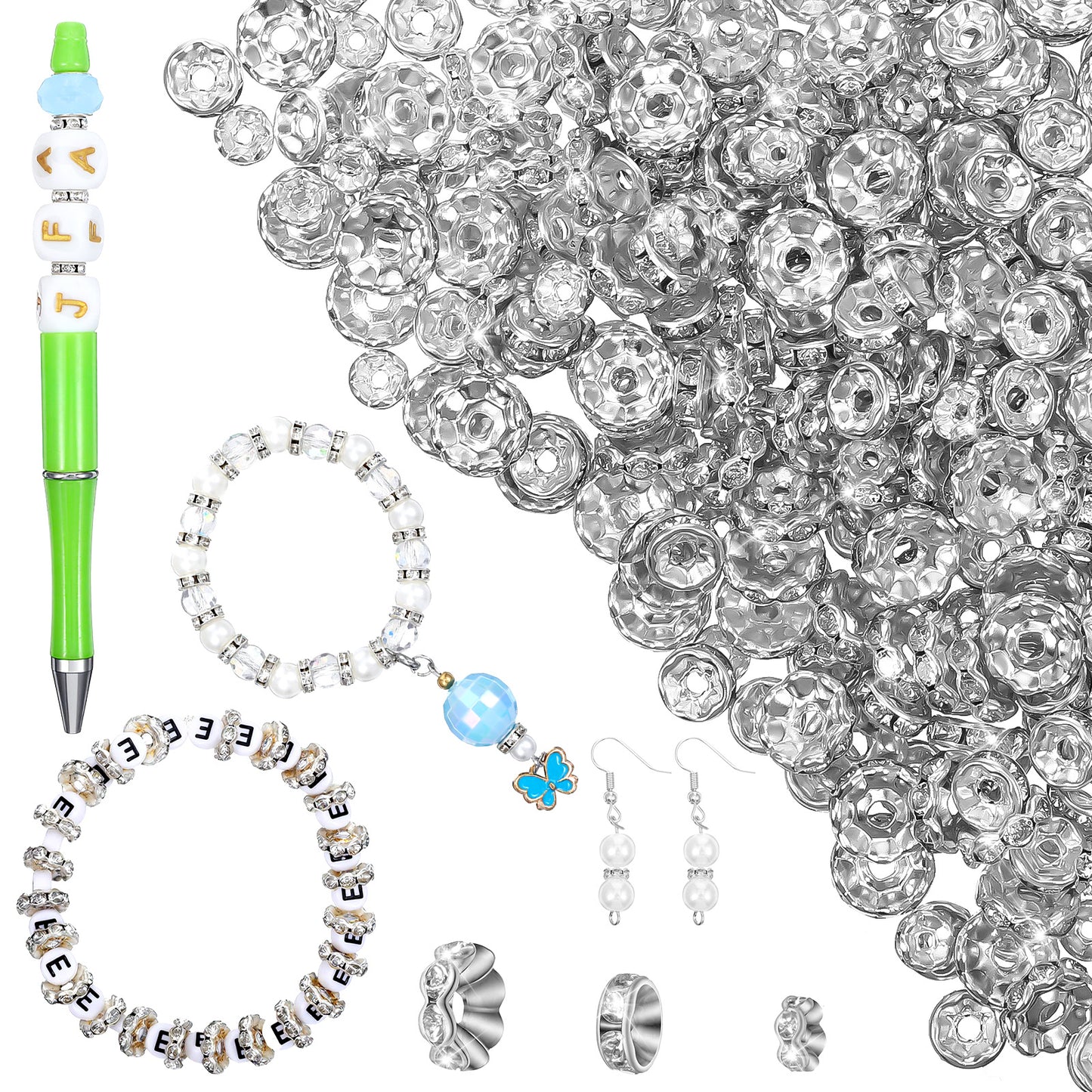 300 Pcs Rondelle Spacer Beads for Jewelry Making, Sparkly Silver Rhinestone Metal Beads with Large Holes (6mm, 8mm, 10mm) for Craft Projects, Beaded Pens, Bracelets & Necklaces (Zinc Alloy)