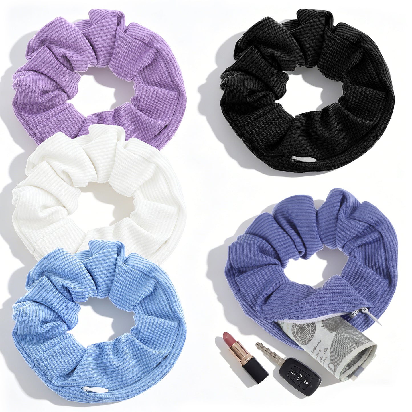5 PCS Pocket Scrunchie with Hidden Zipper Storage, Elastic Hair Ties for Women Girls, Scrunchie Holder in Navy Blue/Black/White/Light Purple/Light Blue