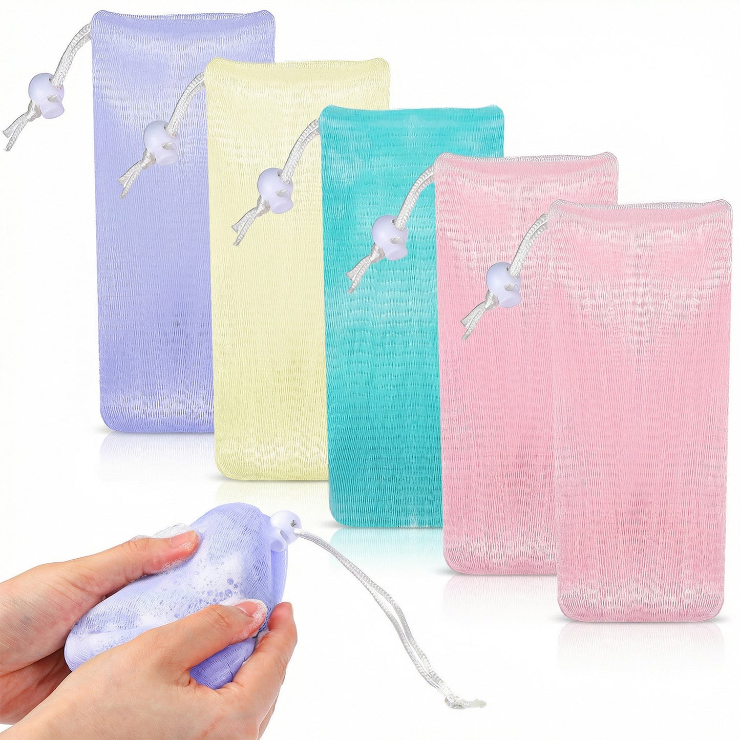 5PCS Mesh Soap Bag, Exfoliating Bar Soap Saver Bag Soaps Saver Pouch Net Bags with Drawstring Body Facial Cleaning Tool for Bath and Shower
