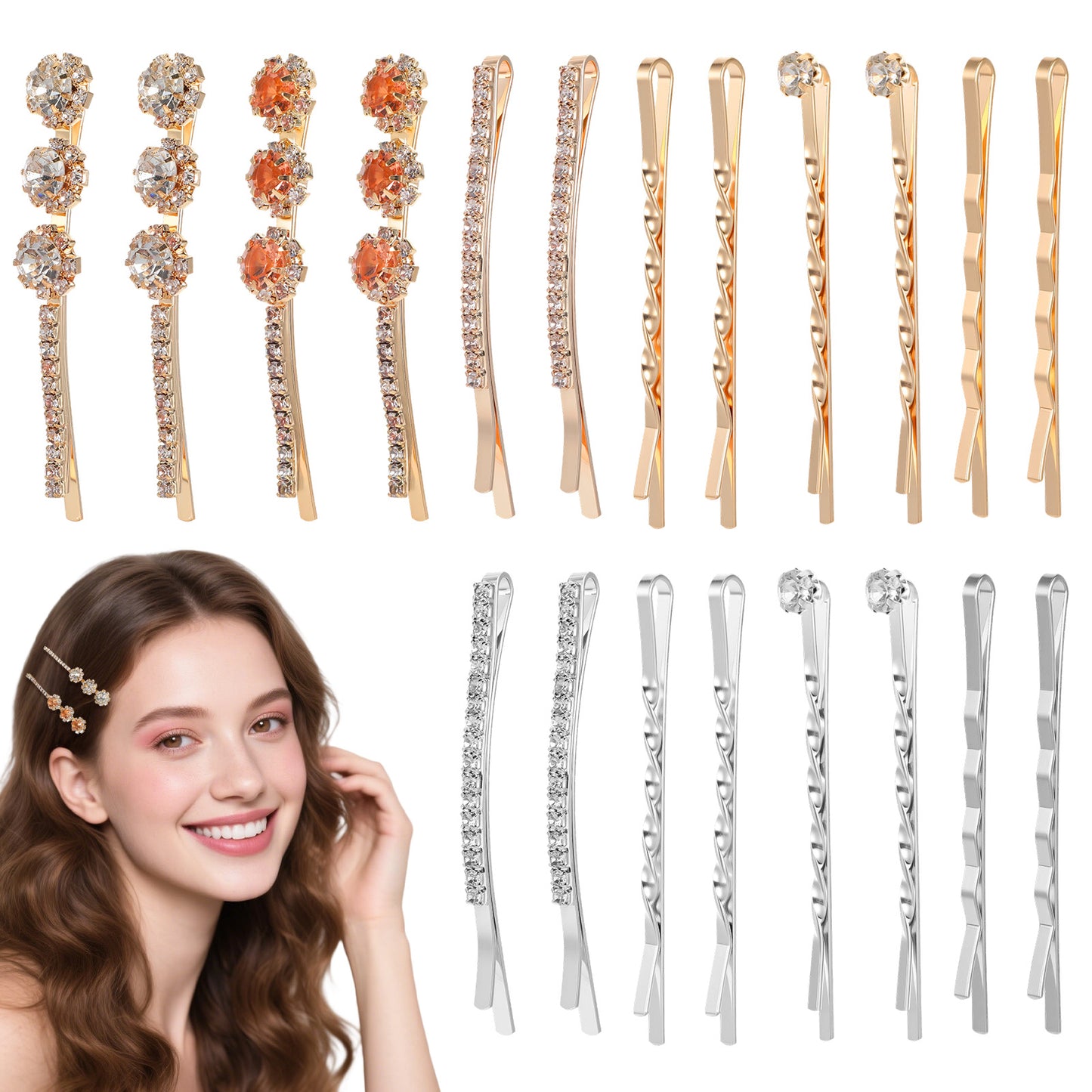 Nogeqi 20PCS Rhinestone Bobby Pins, Decorative Bobby Pins for Women, Diamond Hair Pin with 5 Elegant Designs for Women Girls Rhinestone Hair Accessories (Glod & Silver)
