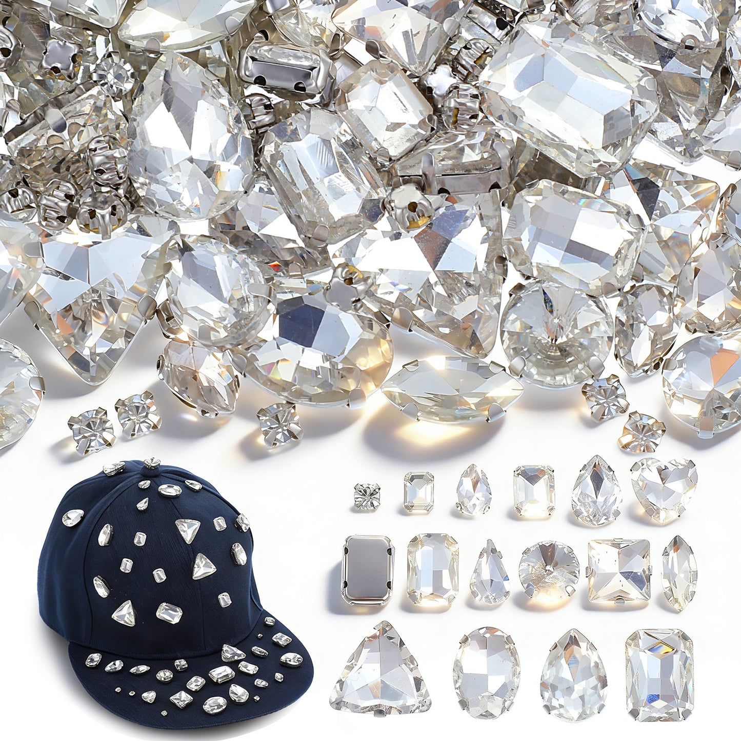 120 PCS Sew on Rhinestones Acrylic Mixed Shapes Rhinestones with Sewing Holes White Bedazzling Sew on Crystal Gems Metal Back for Crafting Clothes Shoes Hats Collars Bags Sewing Accessories