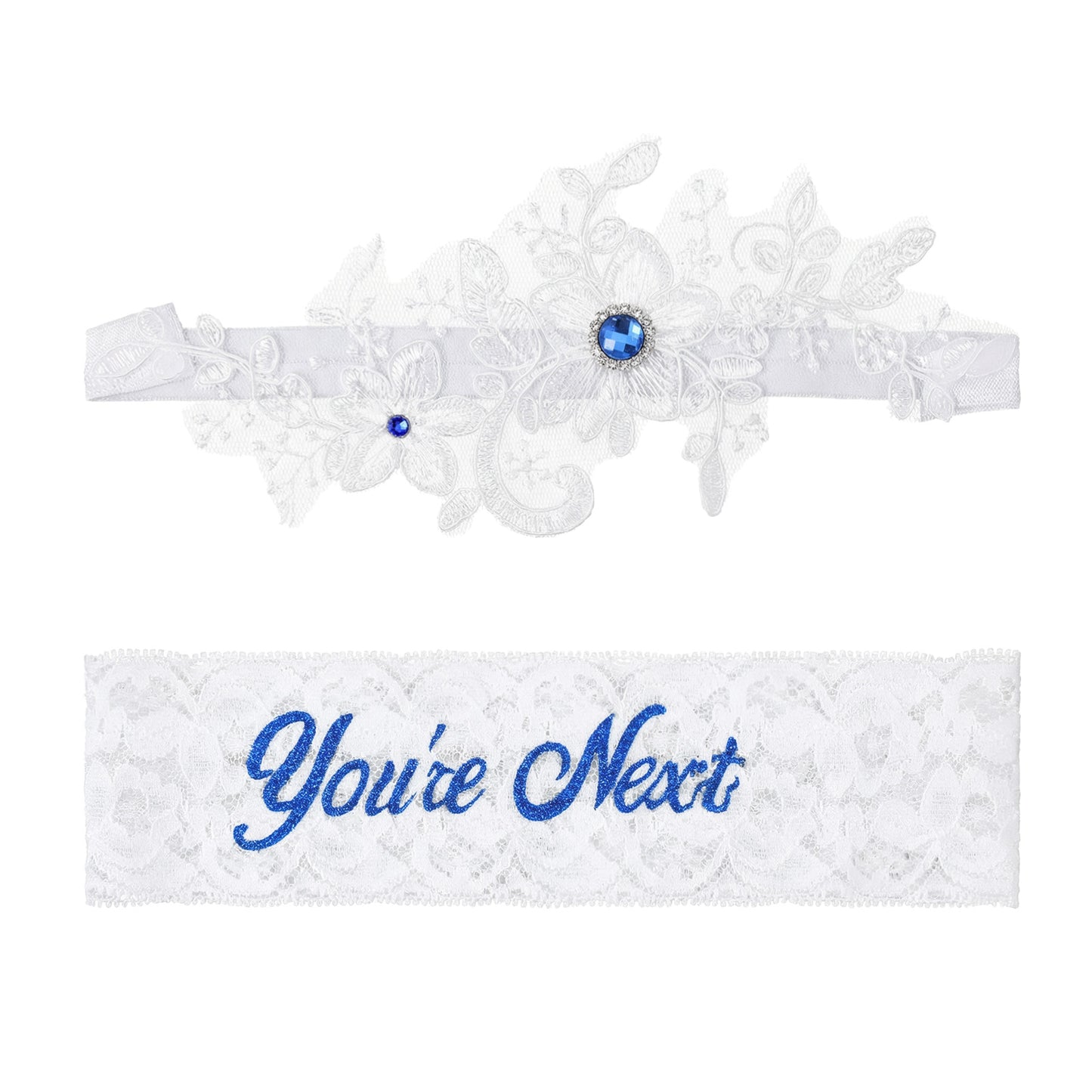Matwsec 2 Pcs Bridal Wedding Garter for Bride White Lace Rhinestones Blue Garters Floral Bridal Garter You're Next Garters for Bride Women